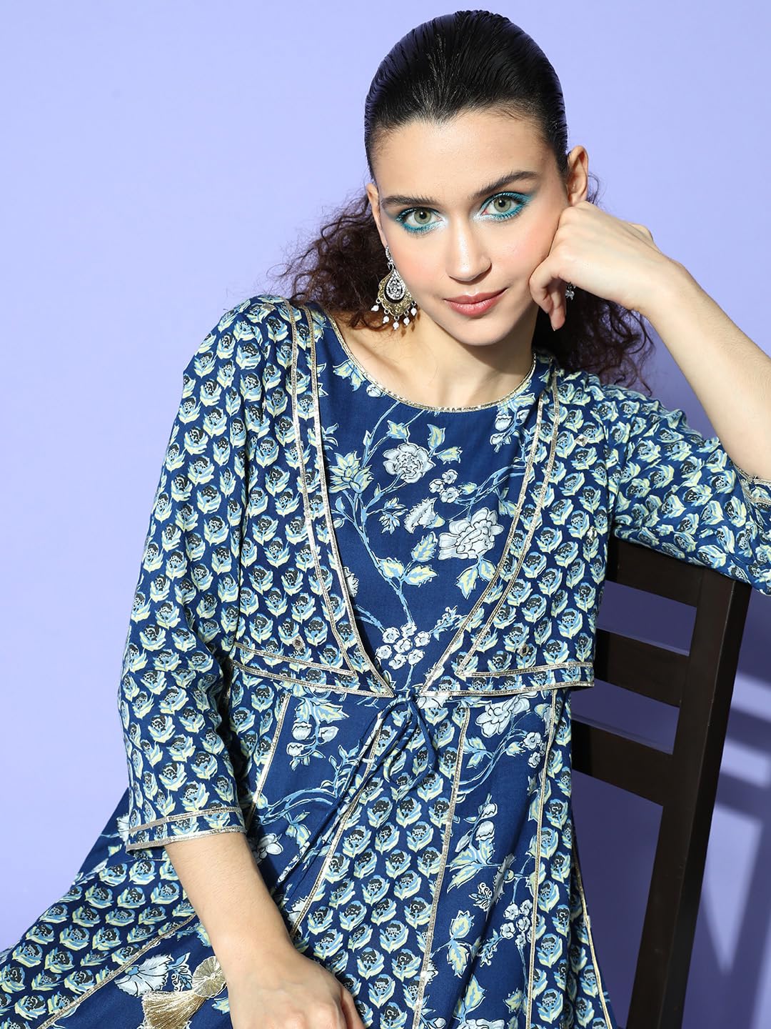 Ishin Women's Cotton Blue Embellished Anarkali Kurta