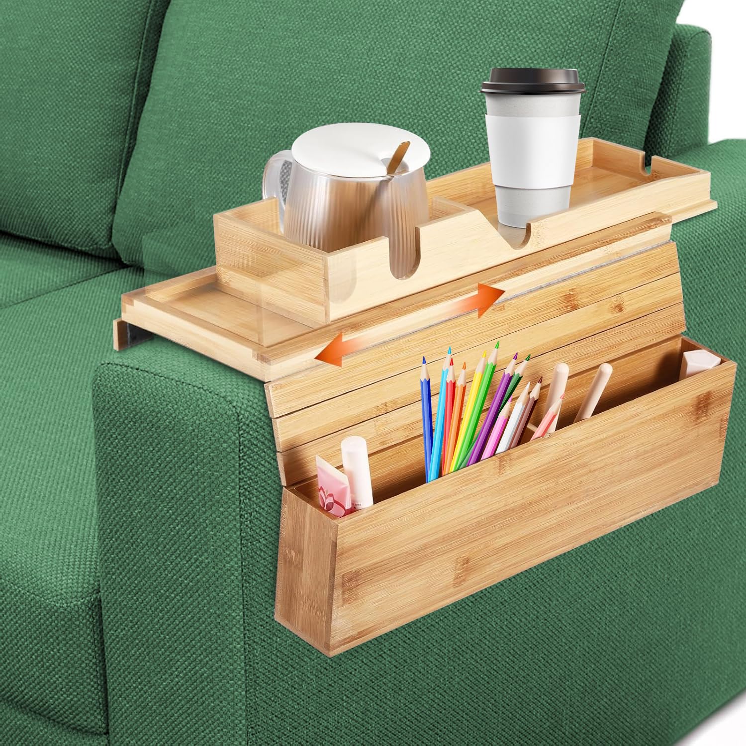 Soporte para bebidas de sofá en madera de bambú con base antideslizante premium