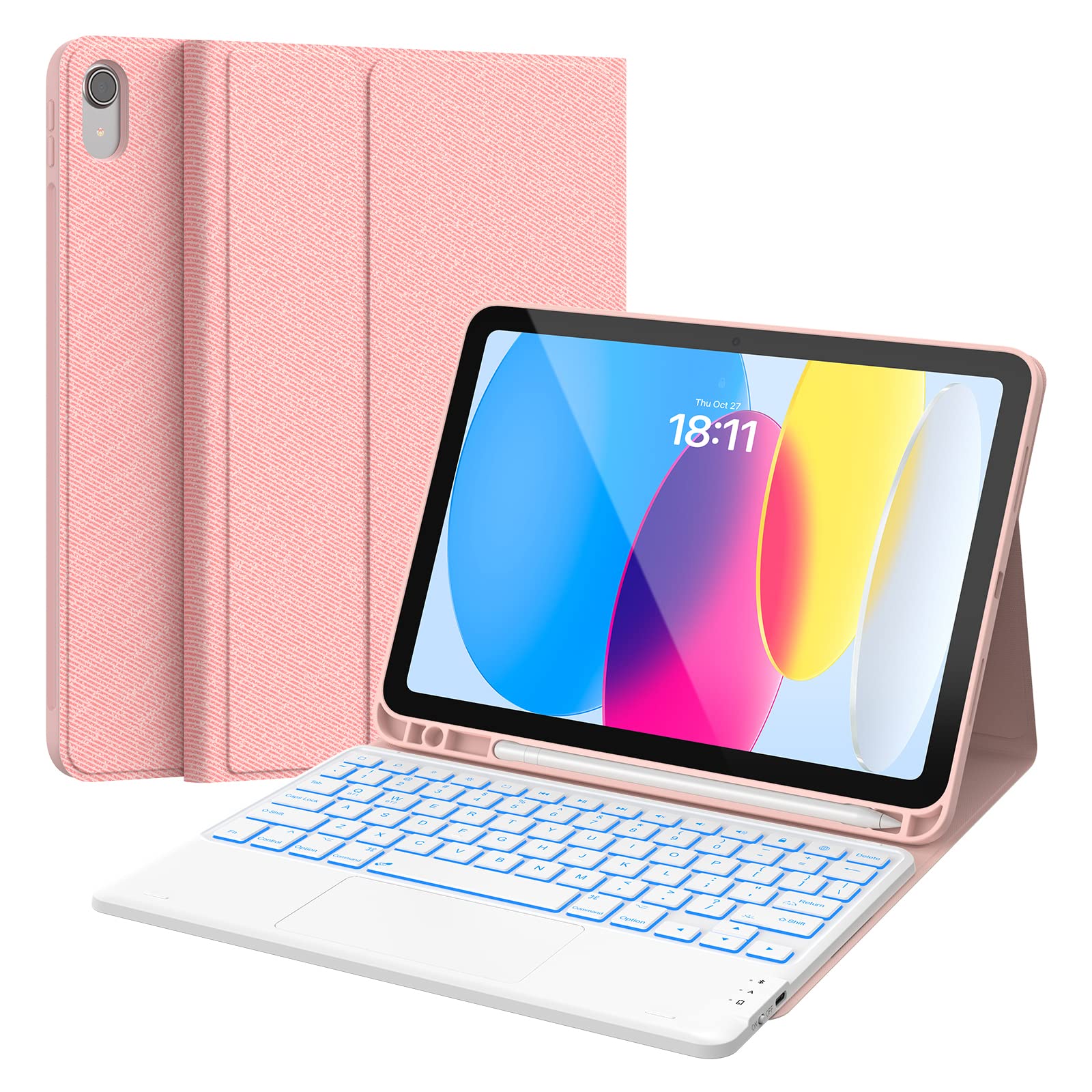 CHESONA Touchpad iPad 10th Generation Case with Keyboard (10.9", 2022), 7 Color Backlight, Multi-Touch Trackpad, Flip Stand Case with Pencil Holder, 2 Bluetooth Channels for New iPad 10th 2022, Pink