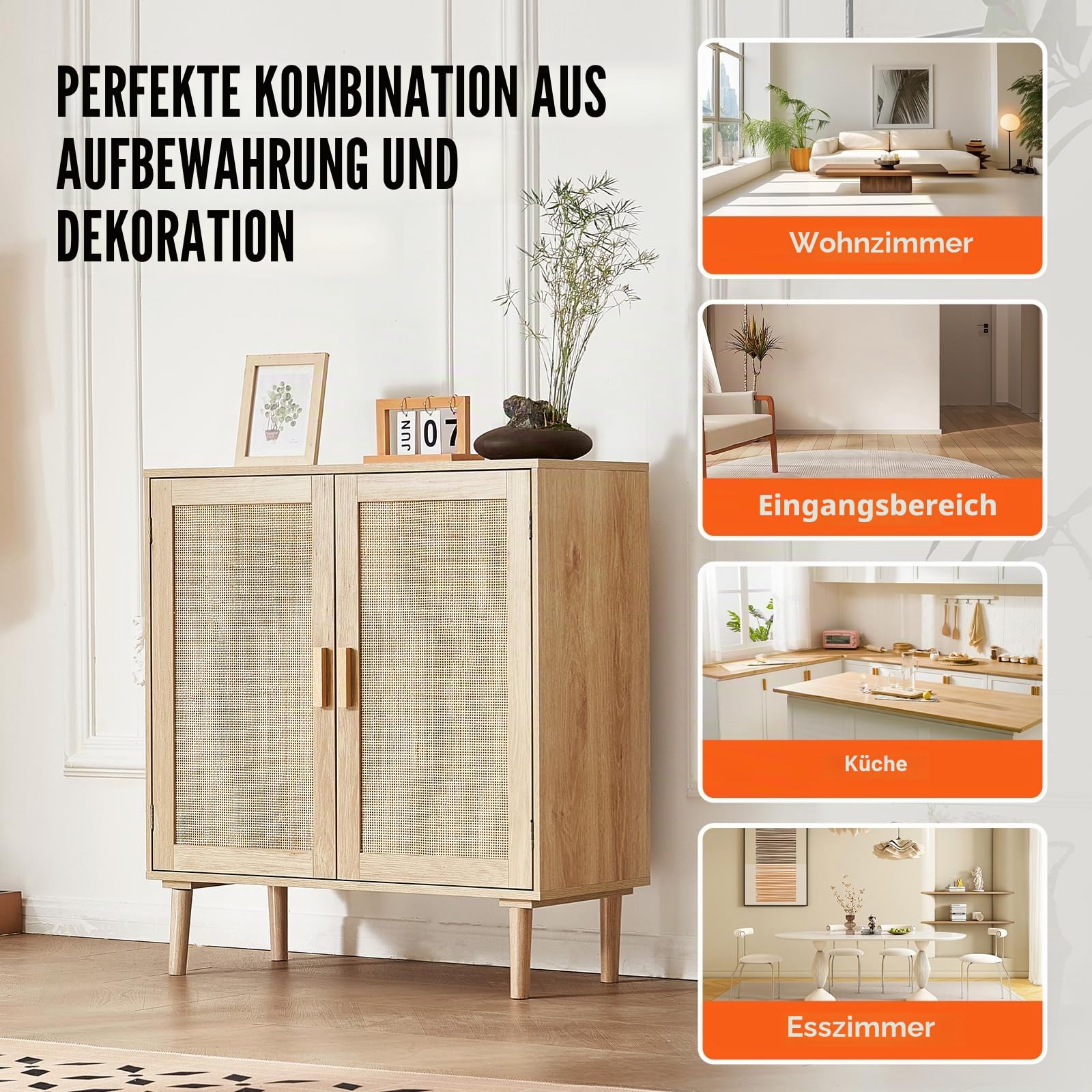 VEVOR Rattanschrank Rattankommode Aufbewahrungsschrank mit 2 magnetischen Türen & verstellbaren Regalen & Griffen, Sideboard-Buffetschrank für Flur Eingangsbereich Wohnzimmer Küche Flur
