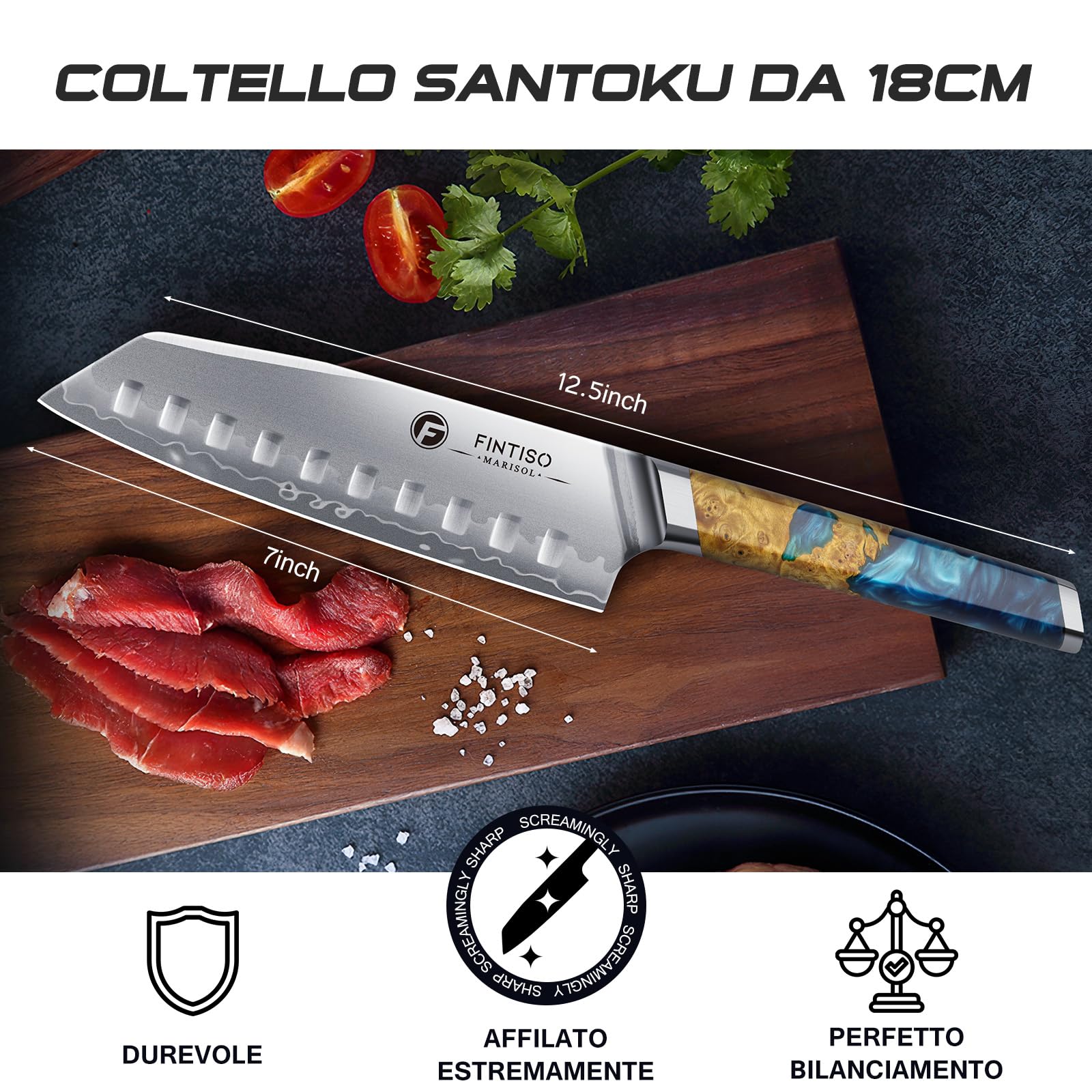 FINTISO Coltello Santoku da 18 cm, Coltello da Chef Giapponese Ultra Affilato con Nucleo in Acciaio in Polvere S35VN, 7 Strati di Acciaio Laminato, Manico in Resina Celeste e Legno Stabilizzato