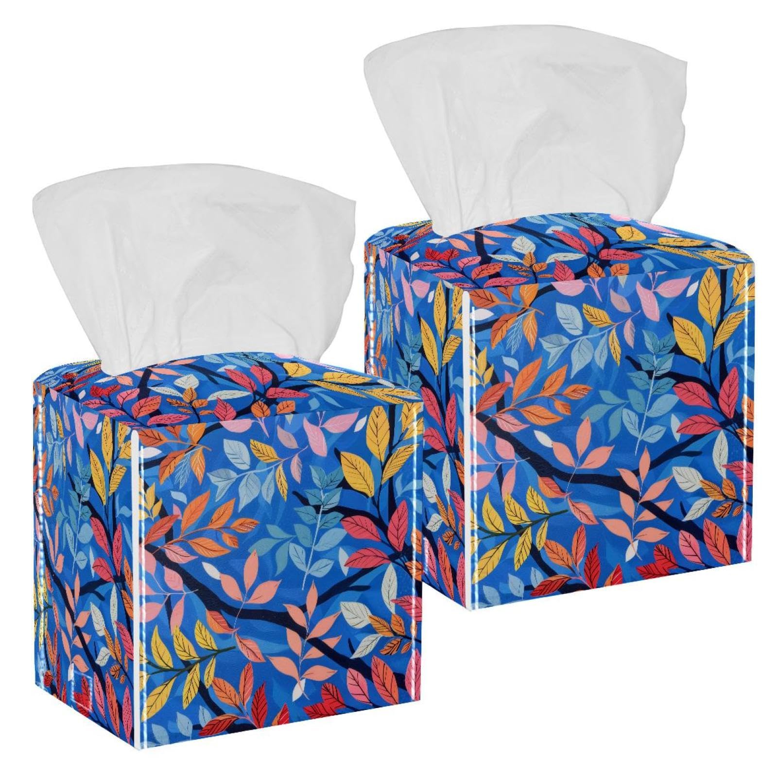 Artistic Leaves Tissue Box Cover, 2 Pack PU Leather Square Facial Tissue Dispenser Box holder for Home Office Car