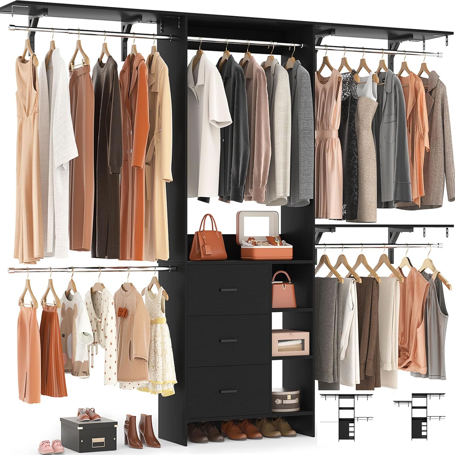 Aheaplus Closet System, Closet Organizer with 3 Wooden