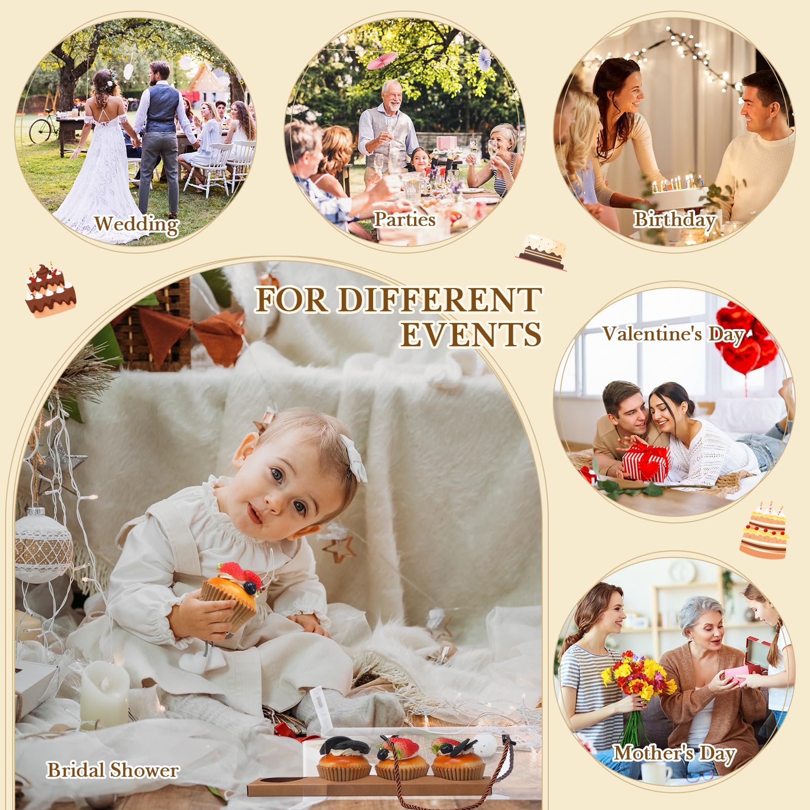 Thenshop Lot de 24 boîtes à cupcakes transparentes avec poignée, 4 boîtes à gâteaux rectangulaires de 30,5 x 7,6 x 7,6 cm pour fête des mères, fête de mariage (marron)