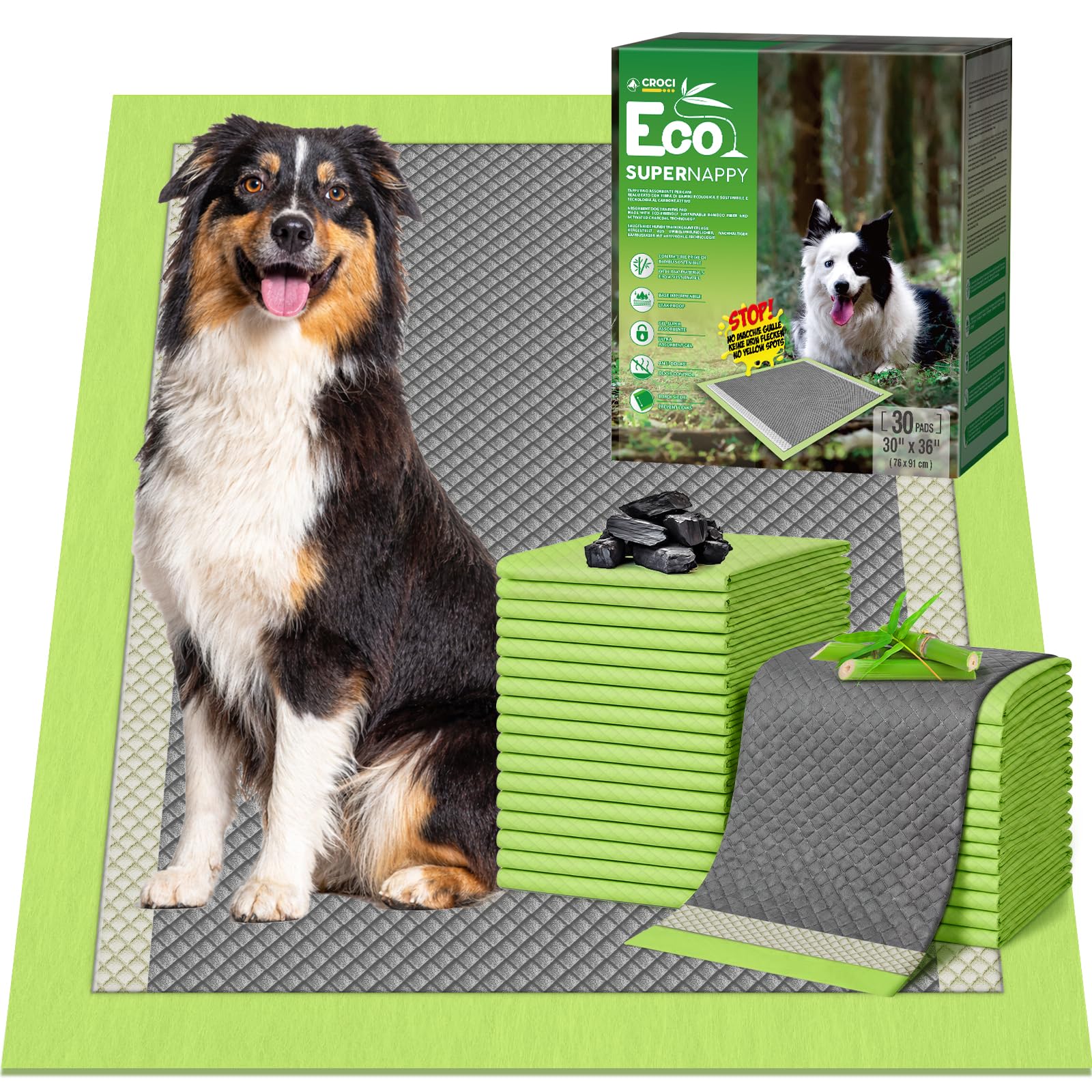CROCI Charcoal Puppy Pads with Adhesive Tabs 2X Odor Control 30x36in 30Ct