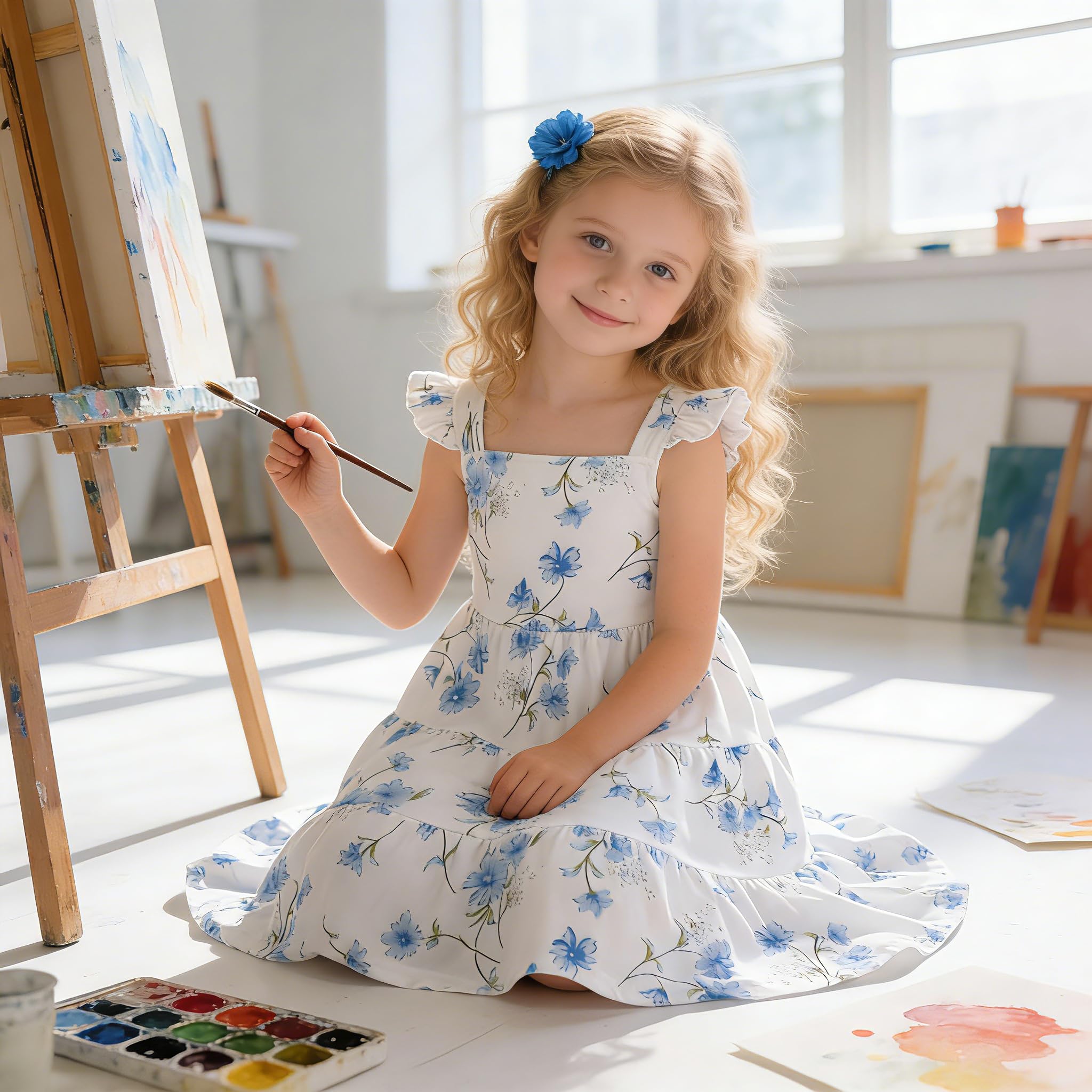 Vestido de verano para niñas pequeñas, vestido de verano con mangas con vuelo, vestido escalonado para niños, vestidos fruncidos, trajes casuales para niños, talla 2T-7T