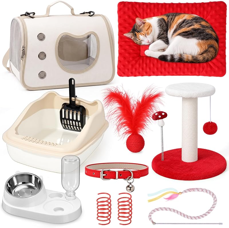 Kit para Gatos e Gatinhos com Caixa de Areia, Bolsa de Transporte e Brinquedos Eccliy, 10 Peças, Vermelho