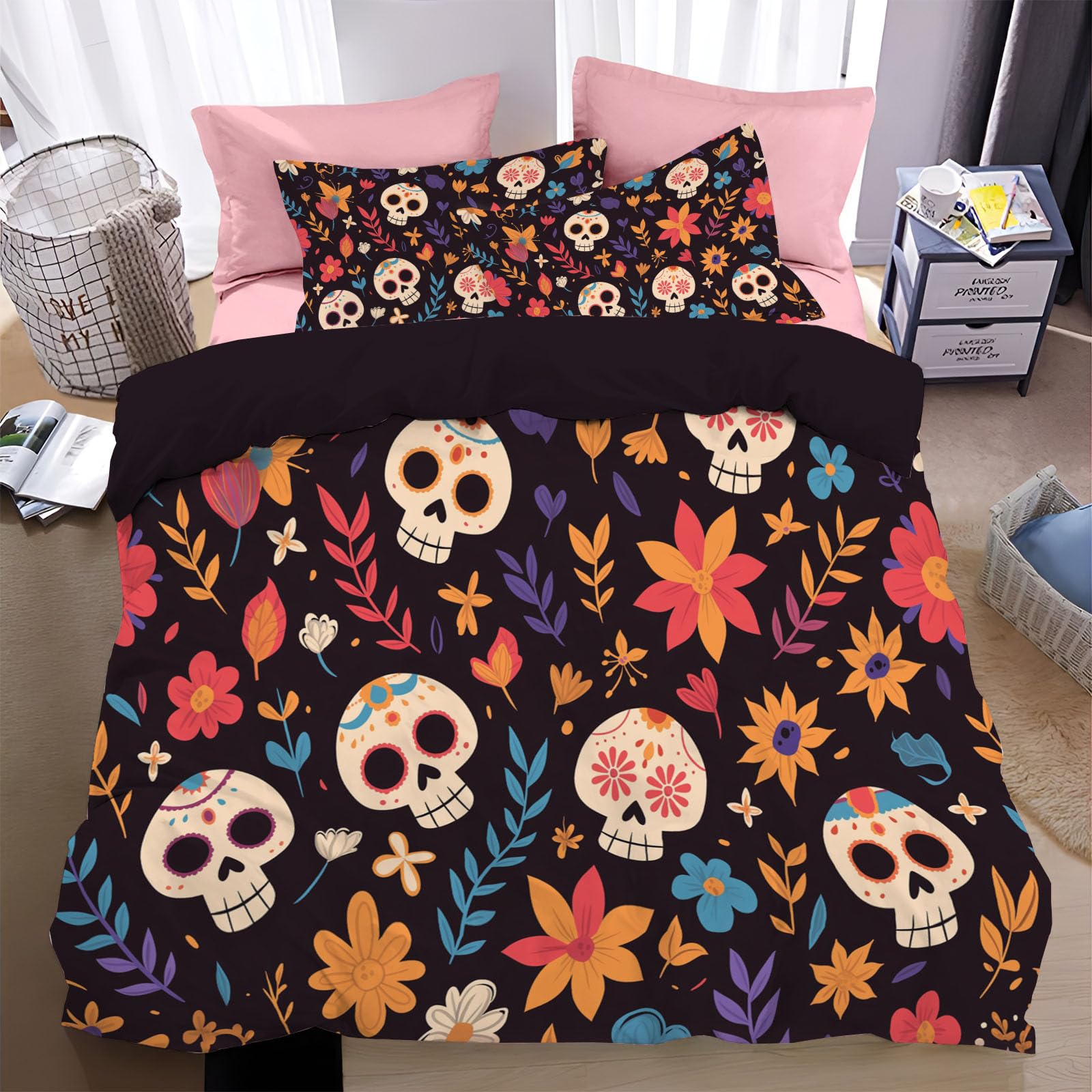 Housse de couette 240x260 cm fleurs de crâne en sucre pour lit 2 personnes avec 2 taies d'oreiller