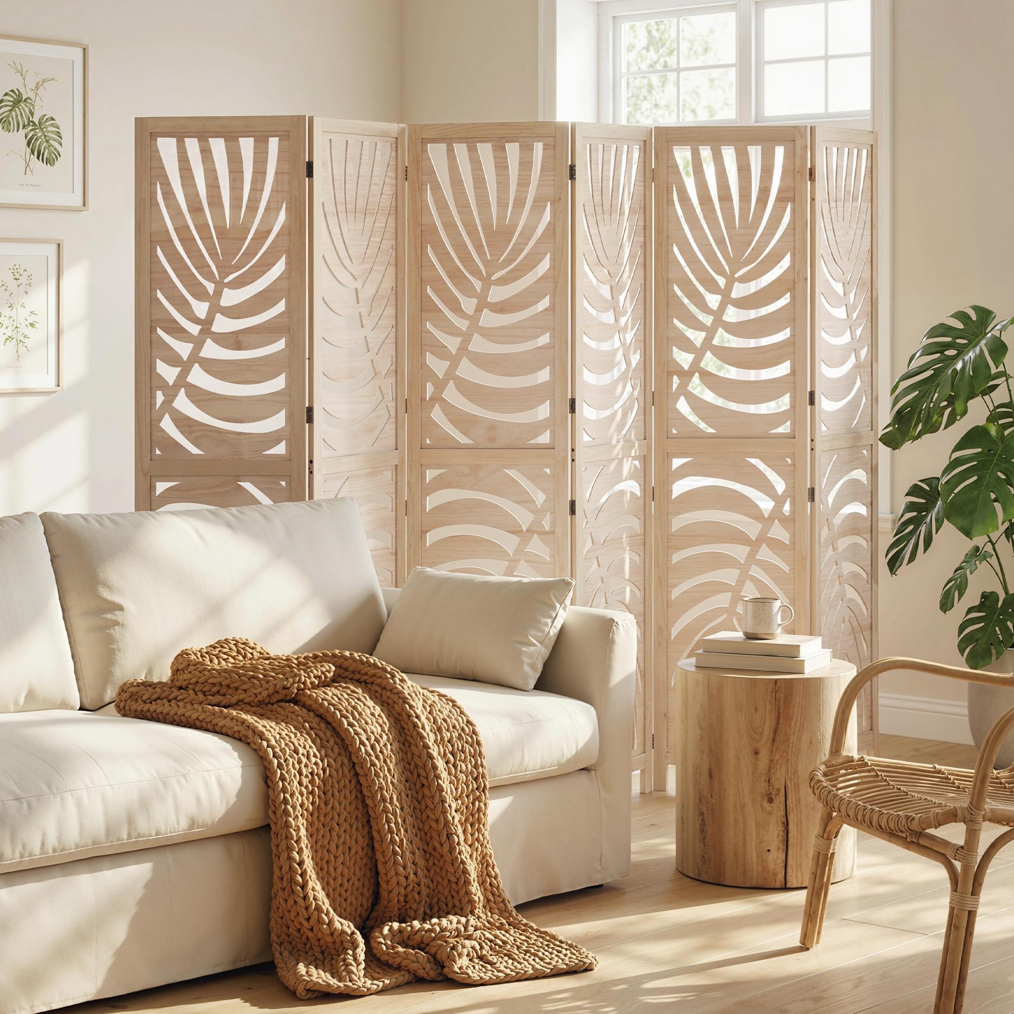 HOMCOM Separador 6 Paneles Plegable Desmontable Acabado Madera Natural | Pantallas de privacidad, tabique autoportante, diseño de hoja de palma, para oficina en casa, dormitorio