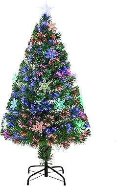 HOMCOM 4FT Green Fibre Optic Artificial Christmas Tree Xmas Colourful LED Scattered Tree with Snowflakes Ornaments Fireproofi