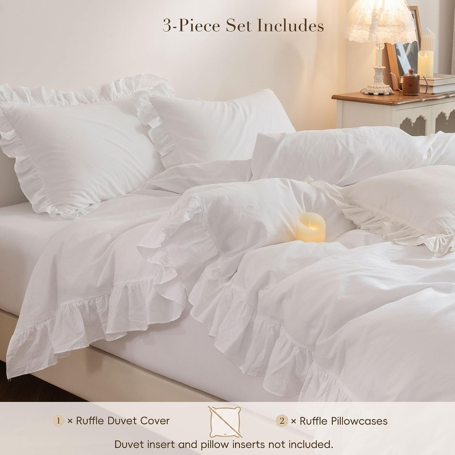 Ruffle Duvet Cover Queen Size: 100% Washed Cotton Linen Like Textured Soft | Lightweight Durable Shabby Chic Bedding 3 Pcs Set with Hidden Zipper & 8 Corner Ties