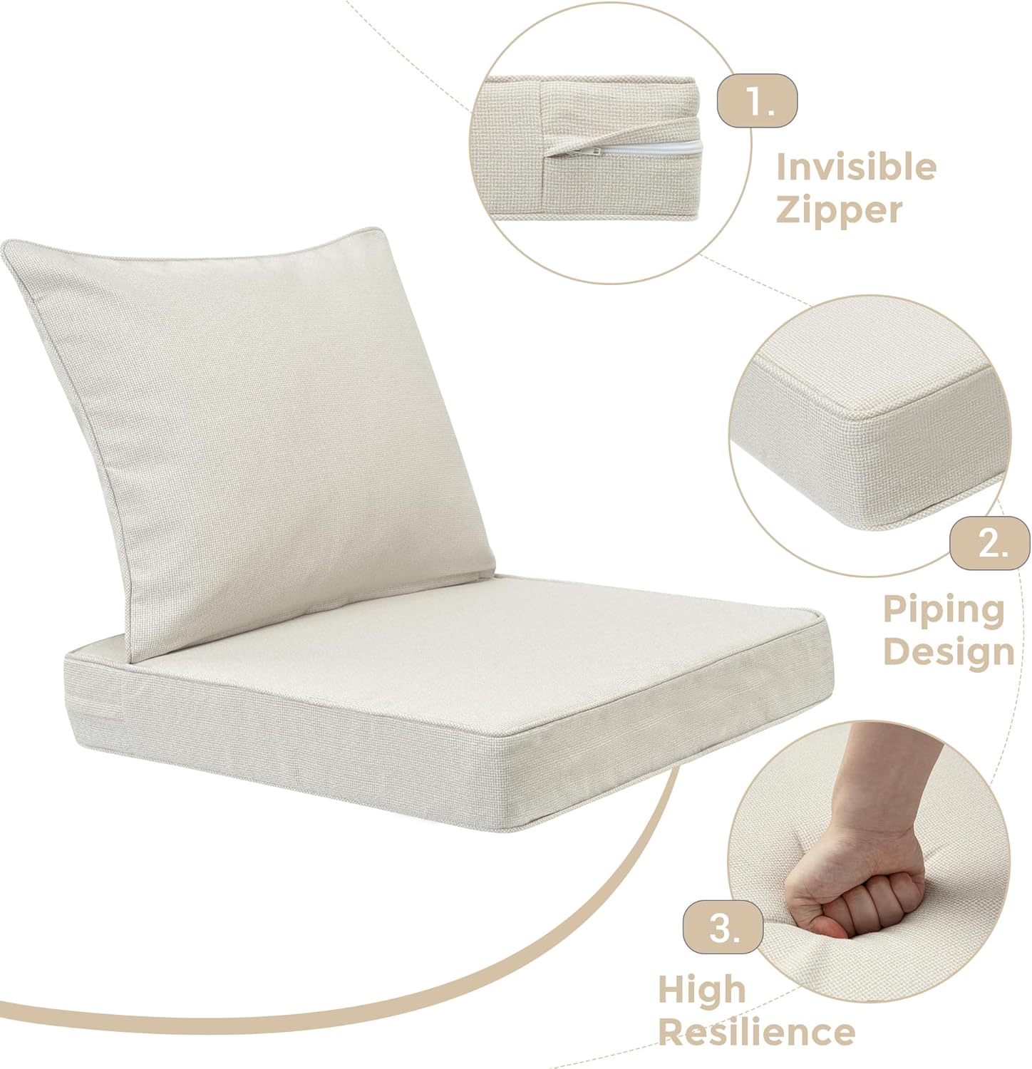 Outdoor Deep Seat Cushion Set 24 x 24 Inch, Waterproof Patio Furniture Cushions with Removable Cover, Outdoor Chair Cushions for Couch, Sofa and Patio Chairs, Cream
