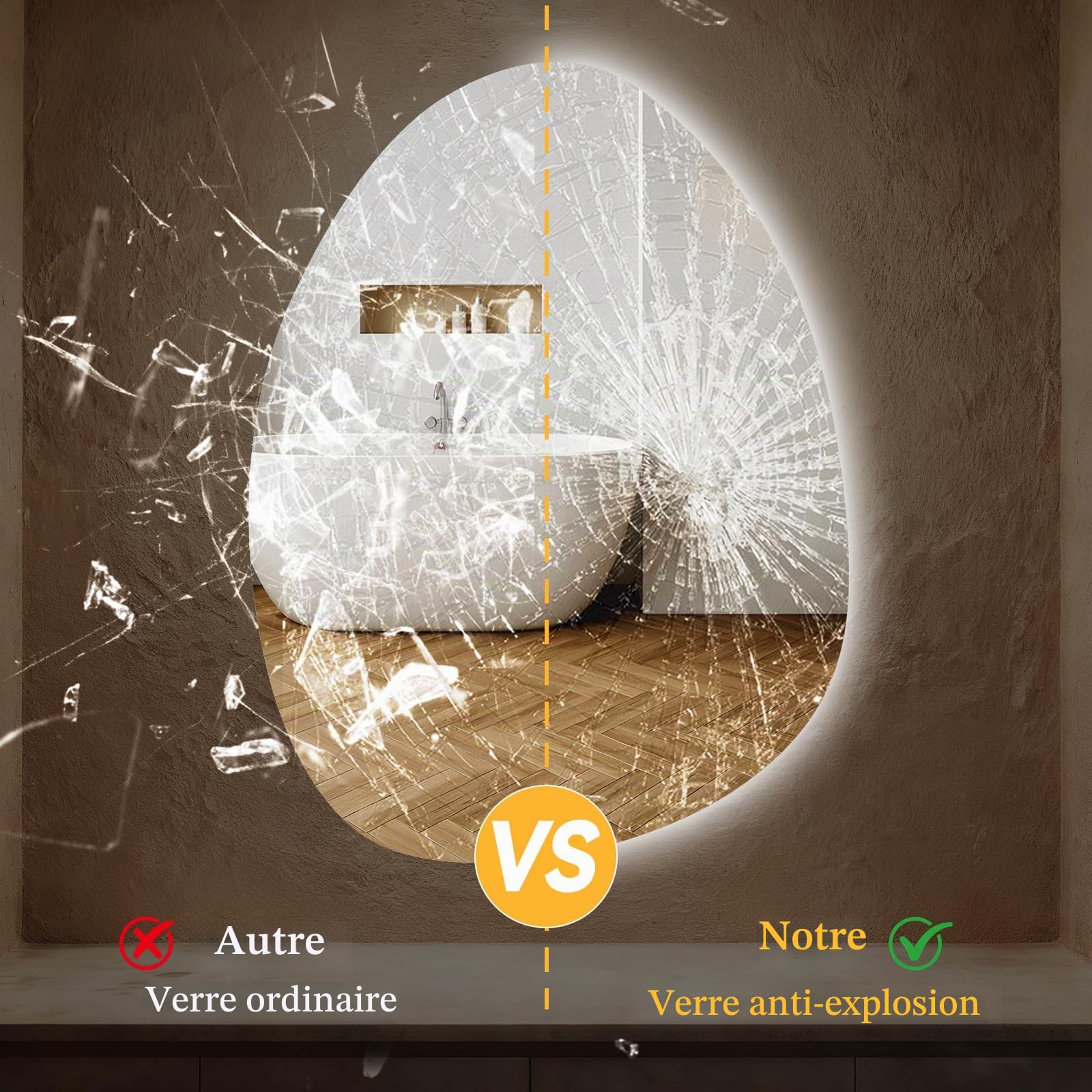 Clevich Miroir de Salle de Bain avec éclairage asymétrique 80 x 60 cm, Miroir LED avec 3 Couleurs de lumière à intensité Variable, Verre trempé, Interrupteur Tactile, Fonction mémoire, Anti-buée