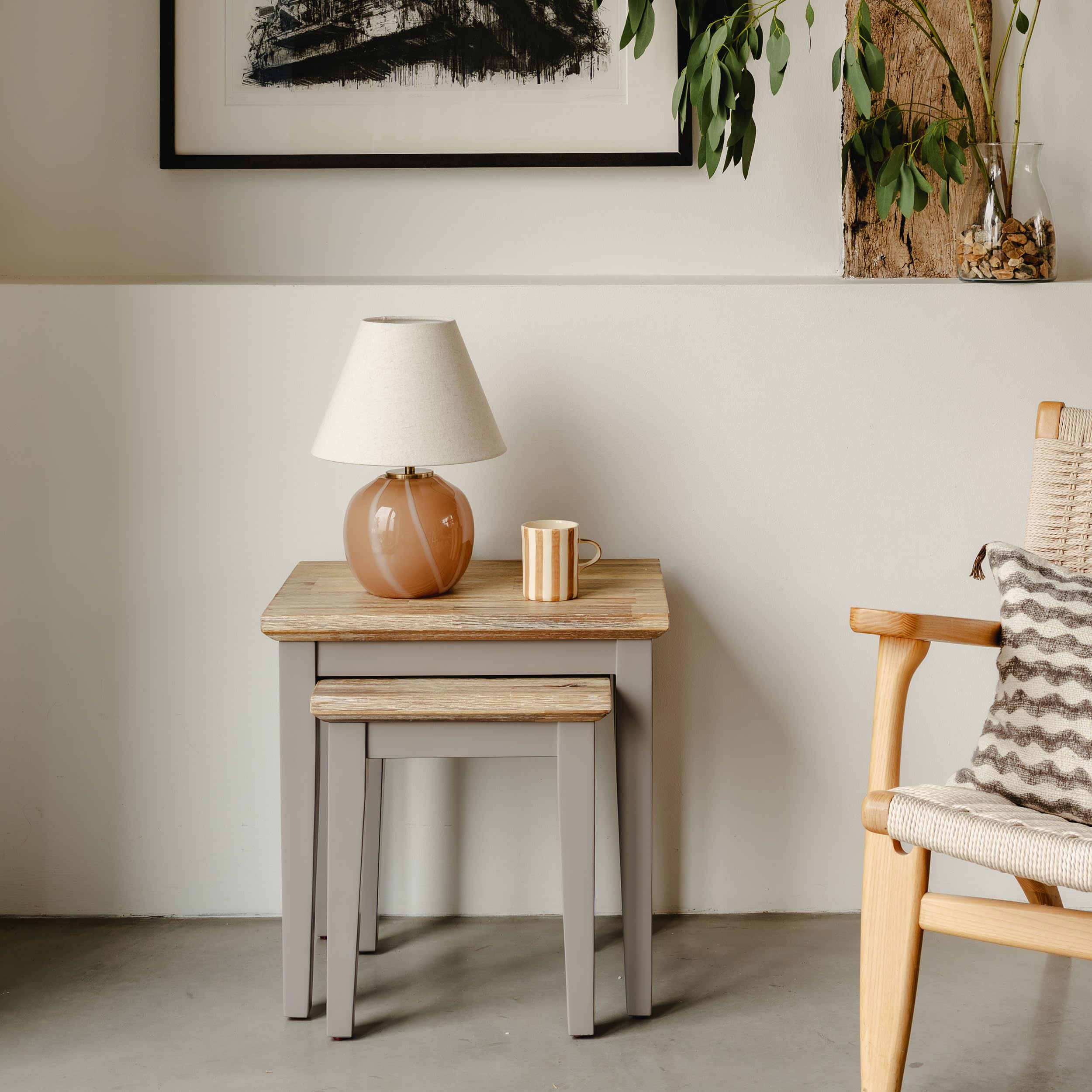 Florence Nesting Side Tables | Wooden Lamp Tables with Acacia Top | Living Room Nest of 2 Tables | Fully Assembled, Large: W50cm H50cm D35cm, Small: W36cm H41.5cm D35cm (dove grey)