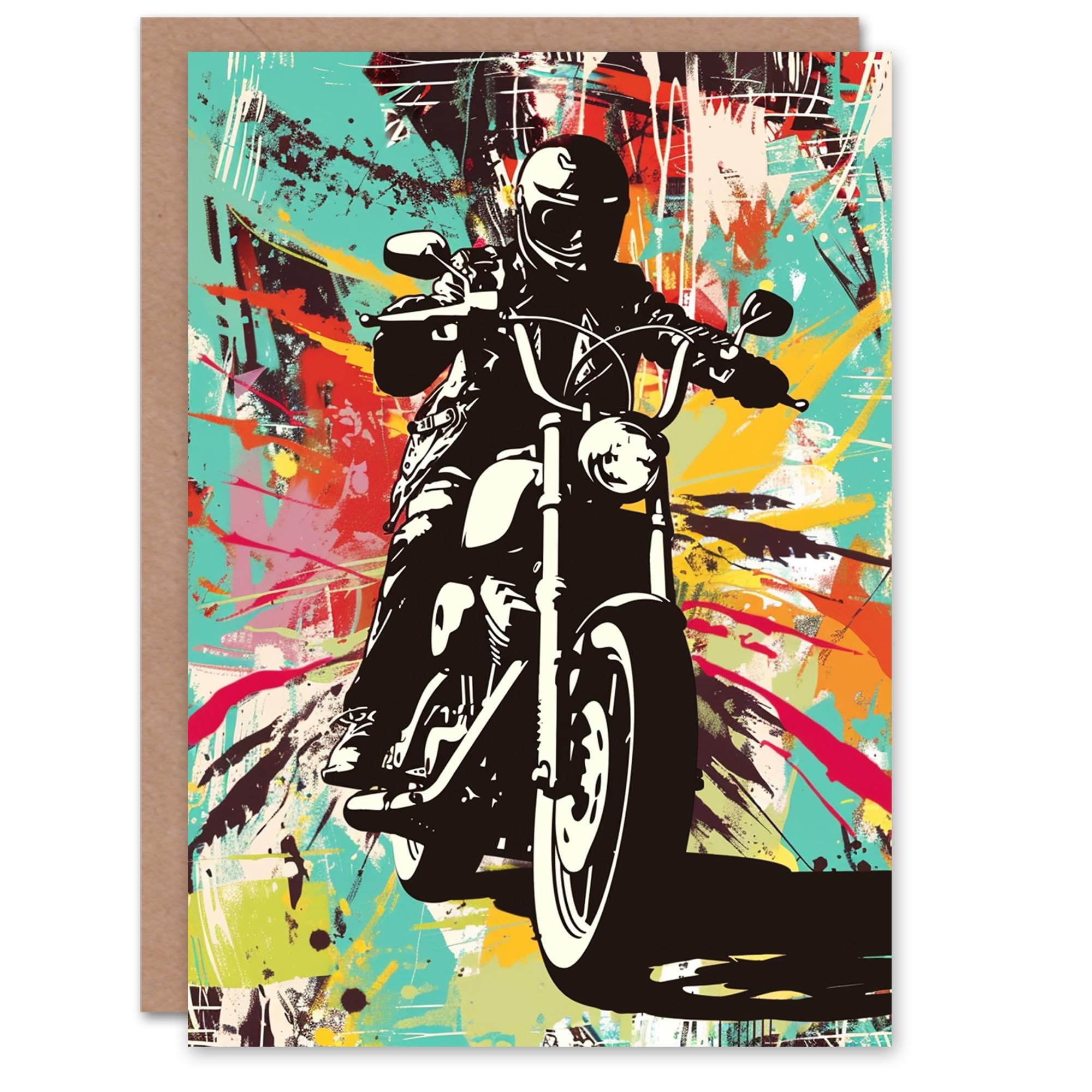 Artery8 Biker Culture Motorcycle Colourful Stencil Art Blank For Him Or Her Art Birthday Card