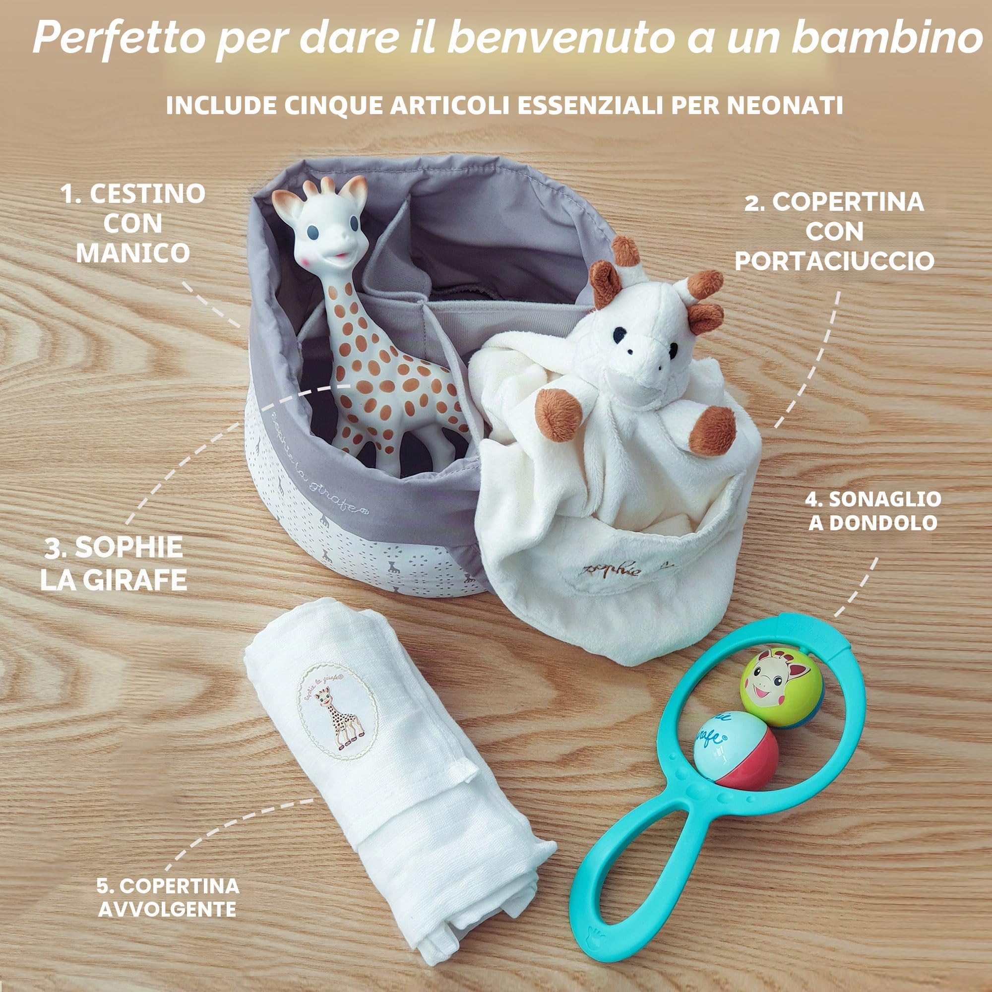 SOPHIE LA GIRAFE, Cesto Nascita, Giocattolo per l'Apprendimento , Elementi Essenziali del Bambino | Giocattolo e mussola multiuso inclusi | caucciù 100% naturale | borsa e biglietto personalizzabile con il nome | idea regalo