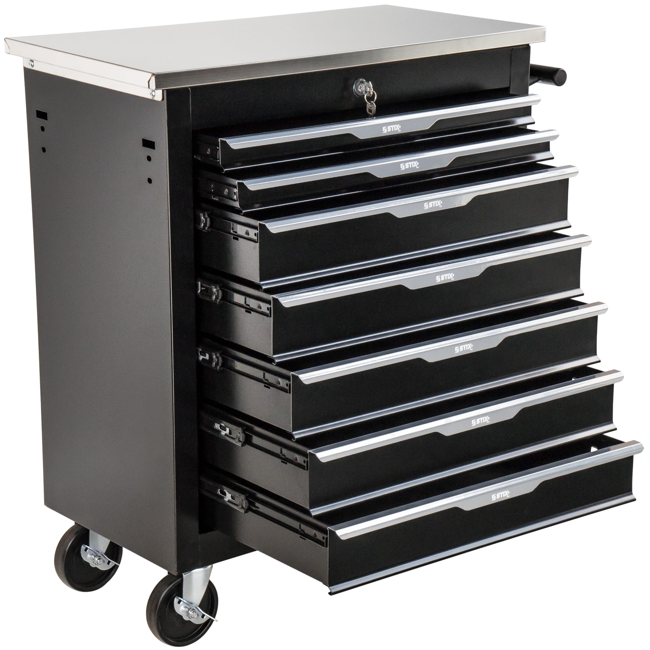 GarageGo Carrello portautensili P7 con 7 cassetti, piano in acciaio inox, chiusura centralizzata, ruote, serrabile, sottile