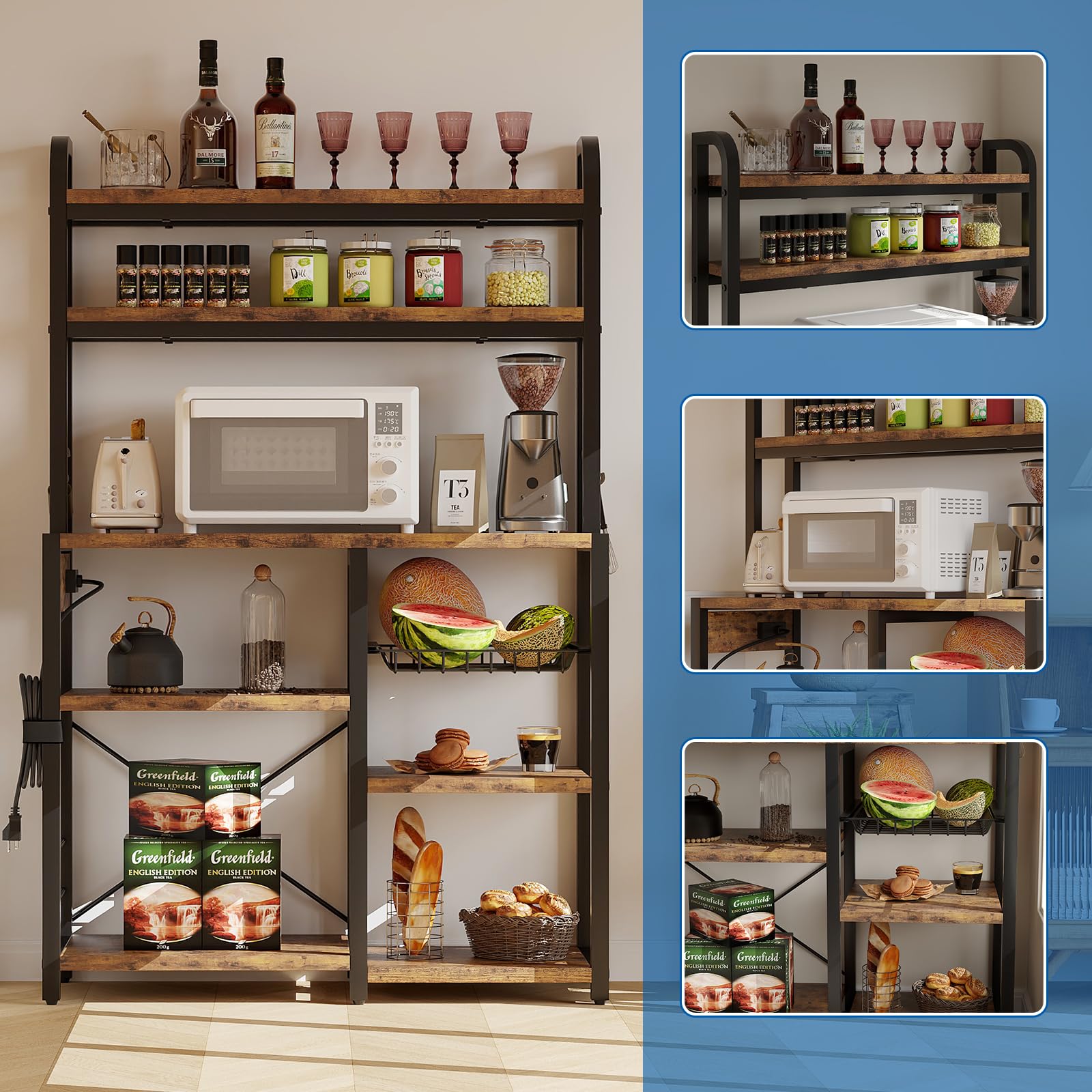 Garvee Estantería de Panadería con Toma Corriente,Muebles de Cocina,Estantes Abiertos y Cesta de Alambre,para Cocina y Comedor, 90 * 40 * 150 cm(Marrón)