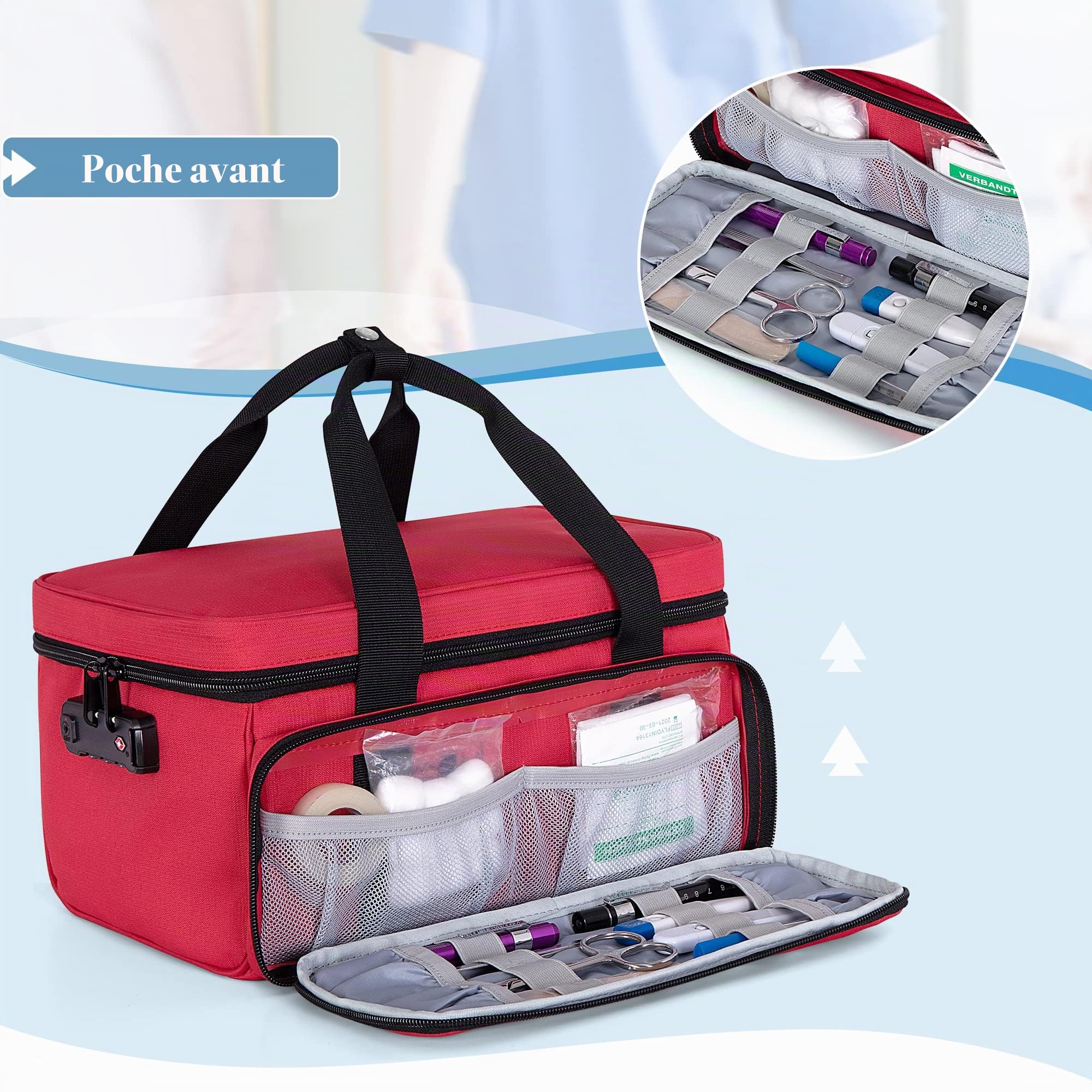 CURMIO Sac de Premiers Secours Vide, Mallette Médicale avec Serrure, Rouge | Trousse Pharmacie Voyage, Organisateur de Médicaments, Cadenas à 3 Chiffres, Cloisons Amovibles, pour Maison/ Travail/ Voyage