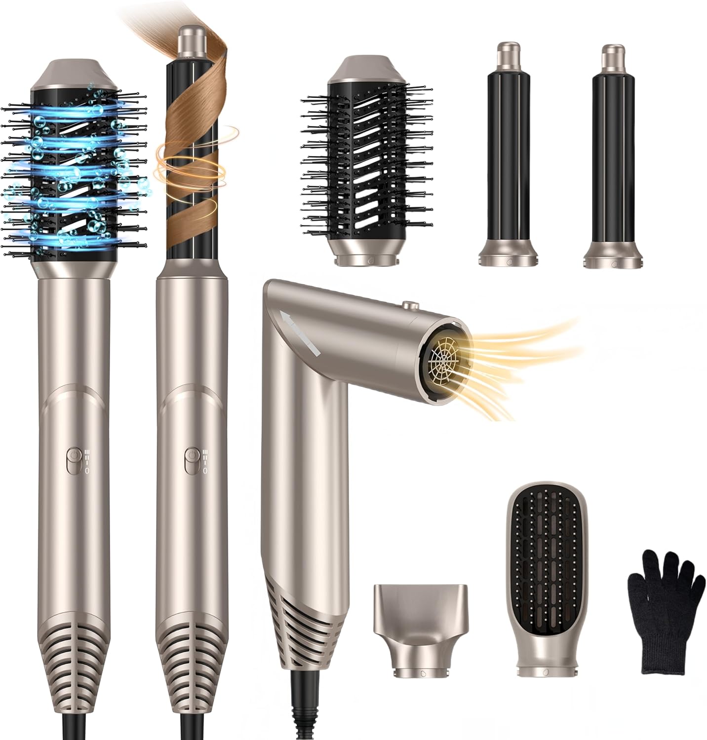 5-in-1 Hot Air Brush & Air Styler, Ionic Hair Dryer with 2 Air, Curler, Volume Bar, Round Brush, Straightener, for All Hair Types, Gold