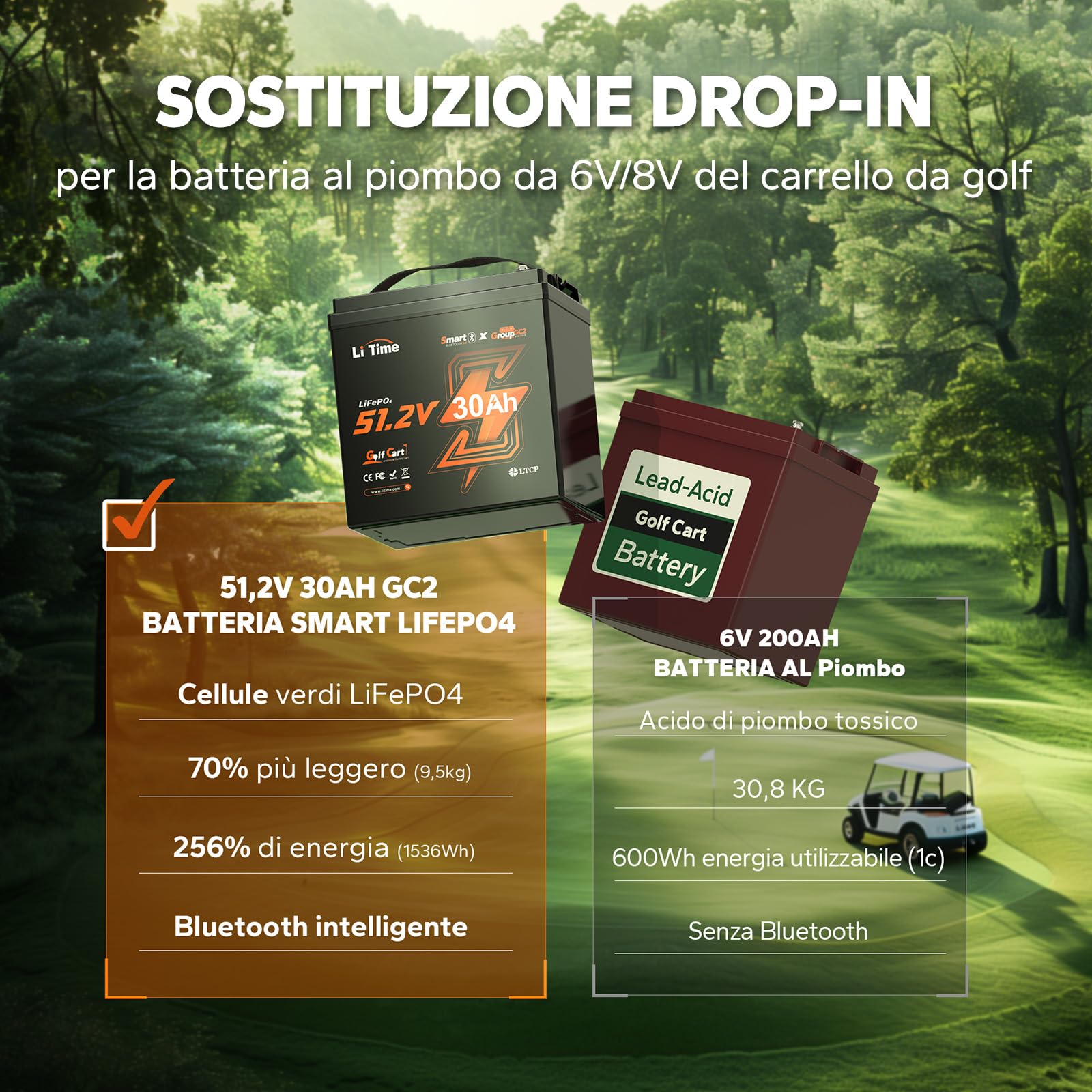 Batteria LiTime 51.2V 30Ah LiFePO4, max. 15000 cicli di potenza in uscita, BMS integrato da 100A e celle di classe A, durata di 10 anni Perfetta per l'energia solare, il campeggio e i camper