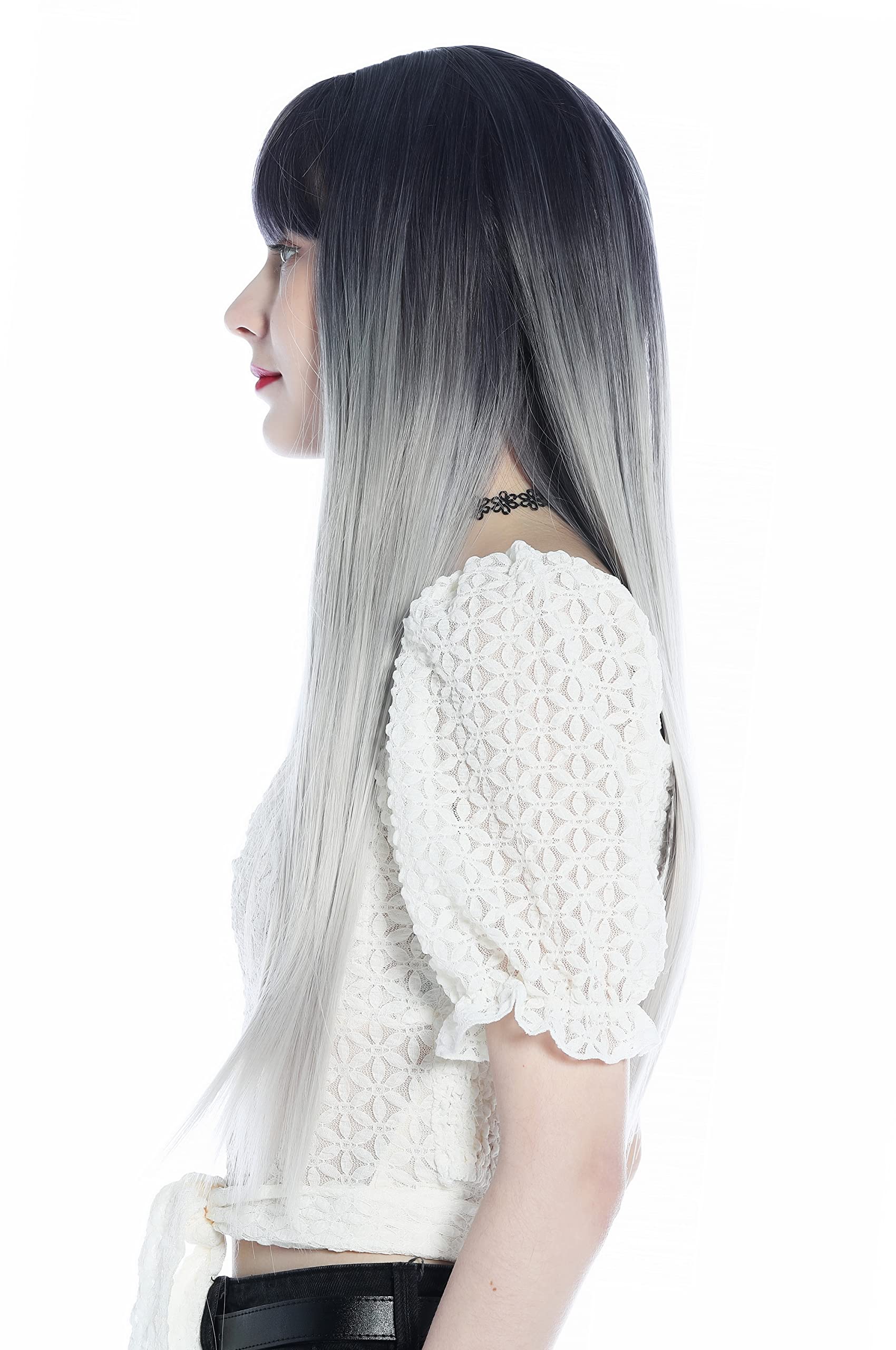 WIG ME UP, SZL0807B-T-001 Women's Wig long sleek straight bangs ombre black-ish purple to silvery blond - Image 3