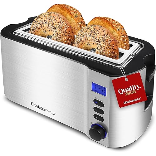 Elite Gourmet 4 Slice Toaster with Countdown Timer, Defrost, and Cancel Functions - Extra Wide Slots for Bagels and Waffles, Built-in Warming Rack, Stainless Steel