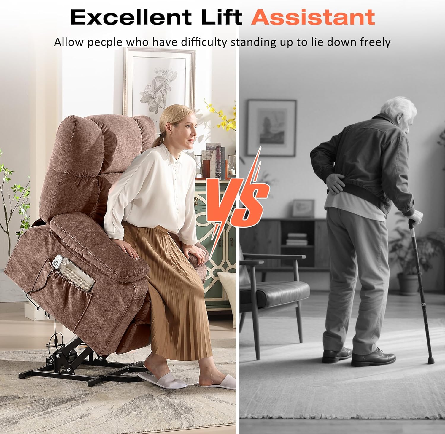MAHOMICO Power Lift Recliner Chair for Elderly with Vibration Massage and Lumbar Heating, Electric Lift Recliner Sofa with USB Charging Port and Side Pocket for Living Room Comfort