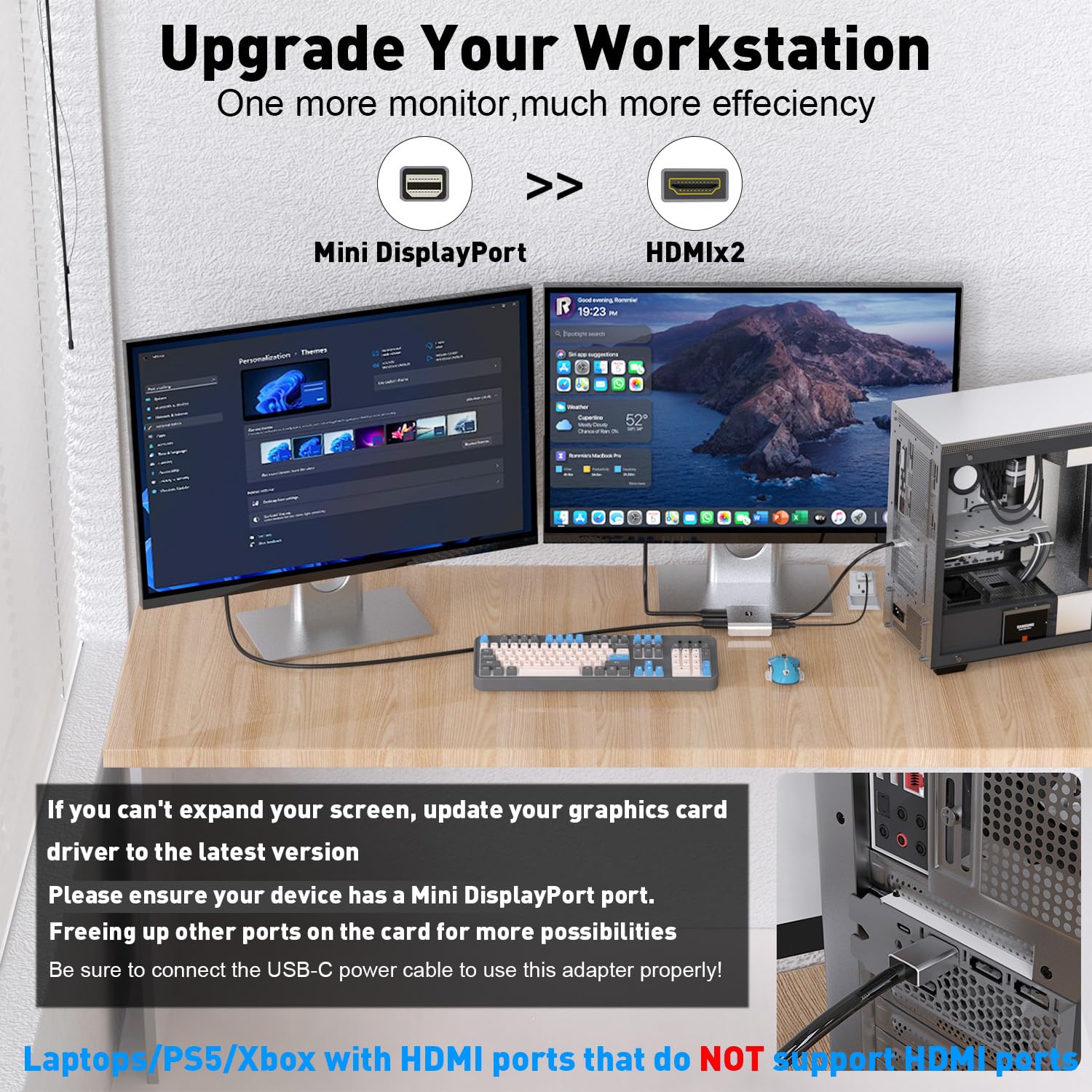 UANTIN Adaptateur Mini DisplayPort vers double HDMI, 4K 60 Hz compatible Thunderbolt 2