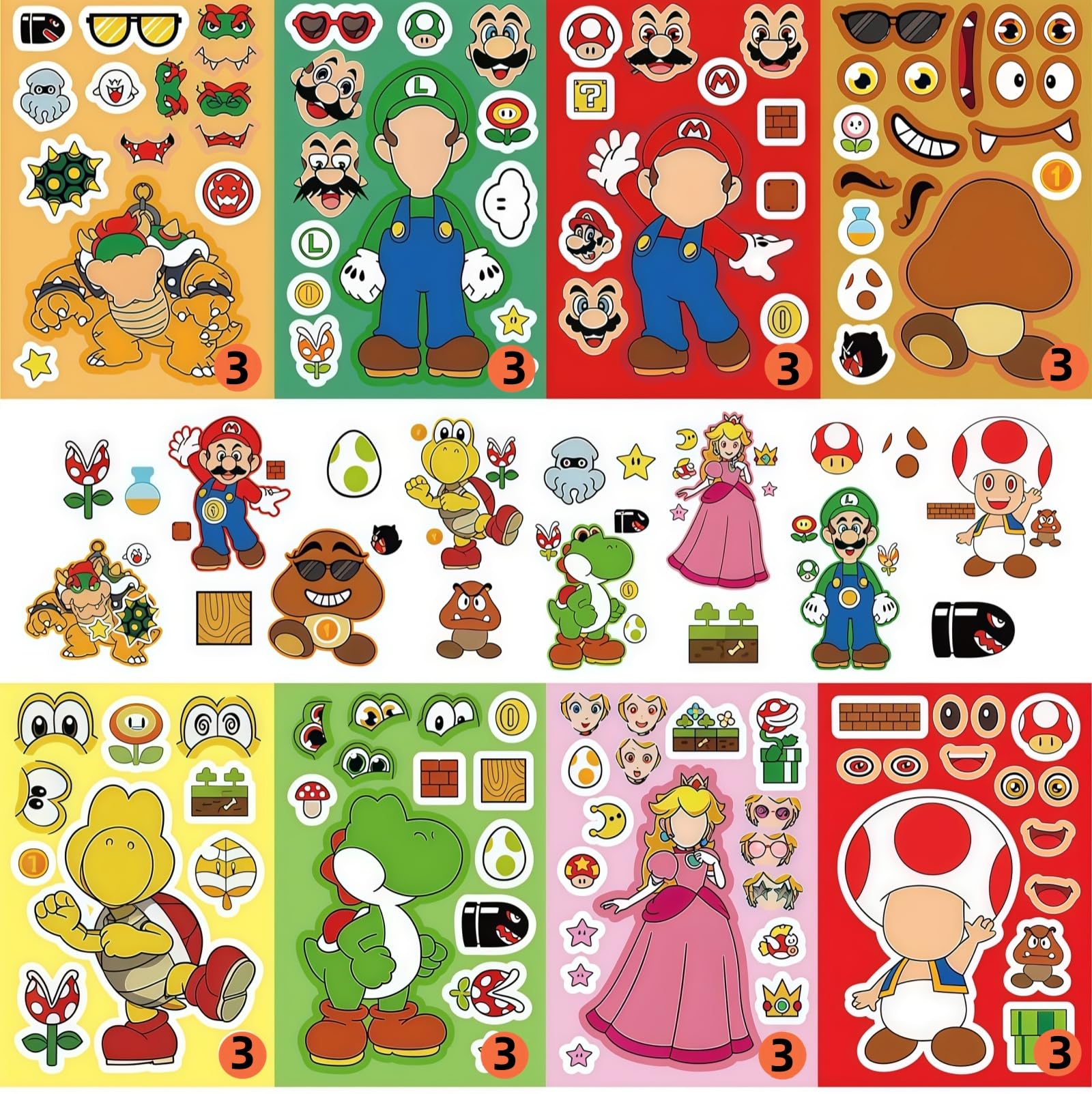 2026 Mario Make a Face Stickers, Cartoon Book Crafts, DIY Party Supplies Favors Your Own Mixed and Matched with Different Designs Characters Birthday Gifts Class Reward Decor （32 Sheets) — view 2