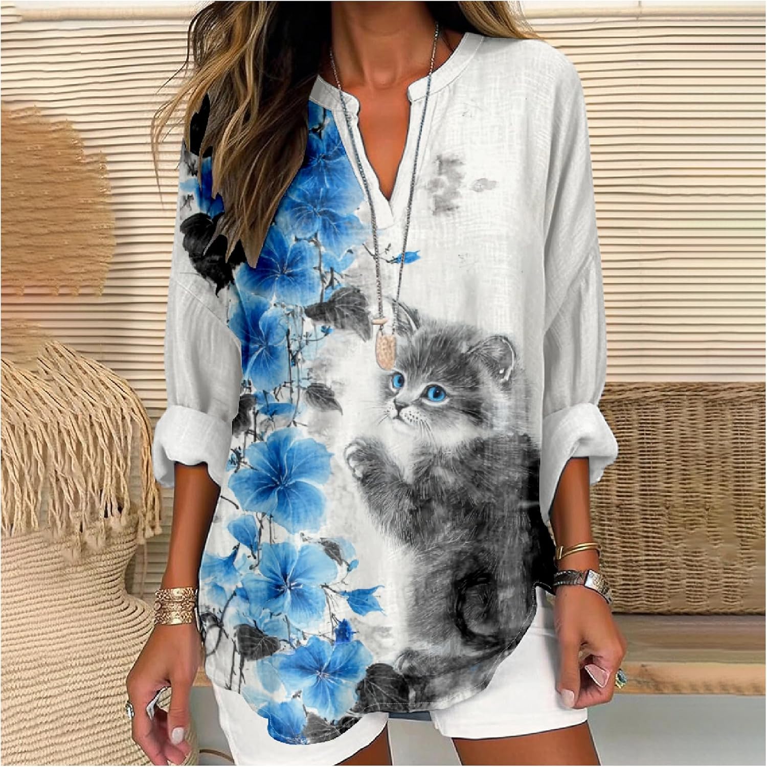 MARSVOVO Cat Shirts for Women Long Sleeve Cute Cat Pullover Graphic Novelty V Neck Blouse Oversized Funny Tunic Tops - Image 2