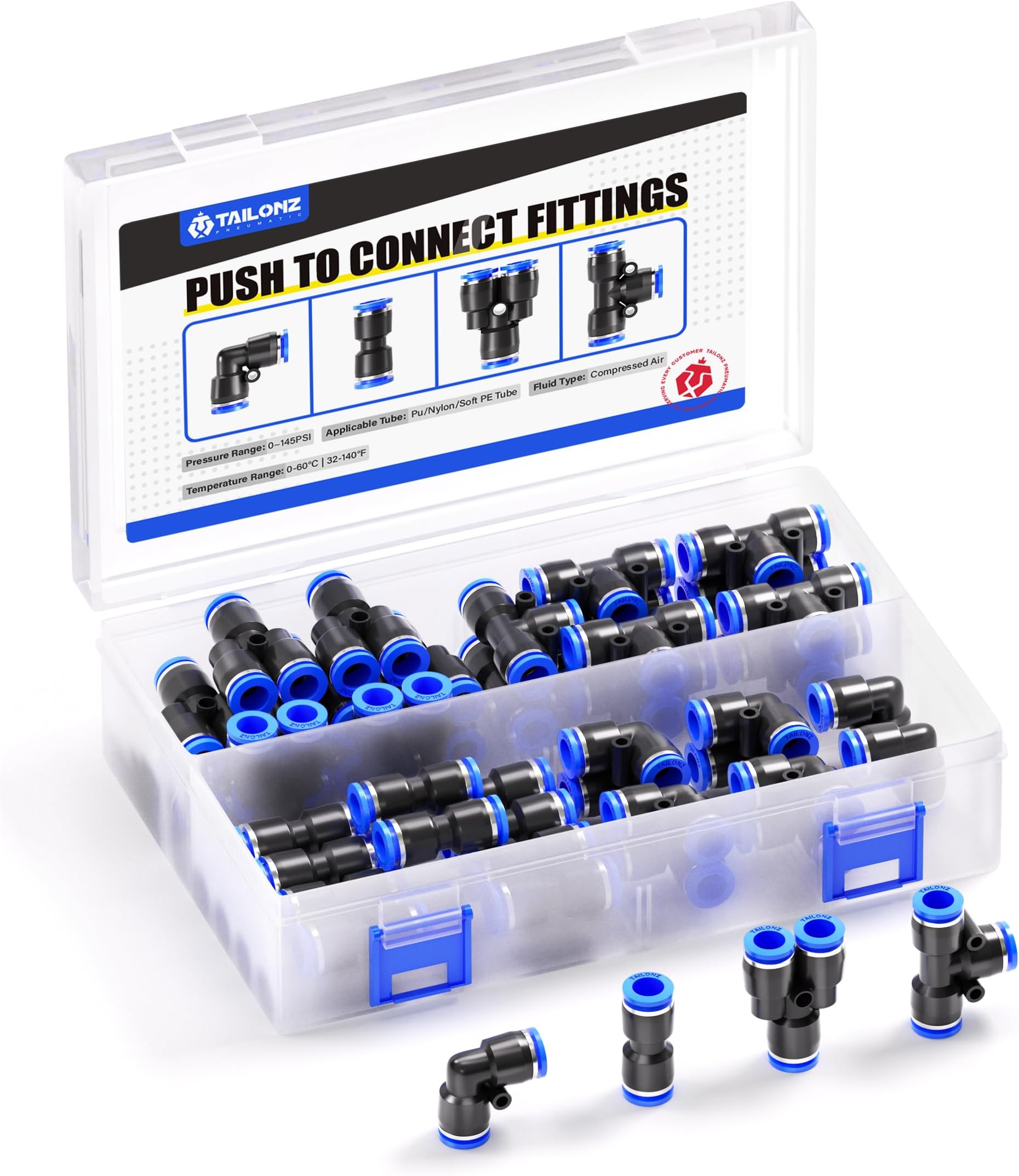 1/4 Inch od Push to Connect Fittings Pneumatic Fittings Kit 10 Spliters+10 Elbows+10 tee+10 Straight (40 pcs)