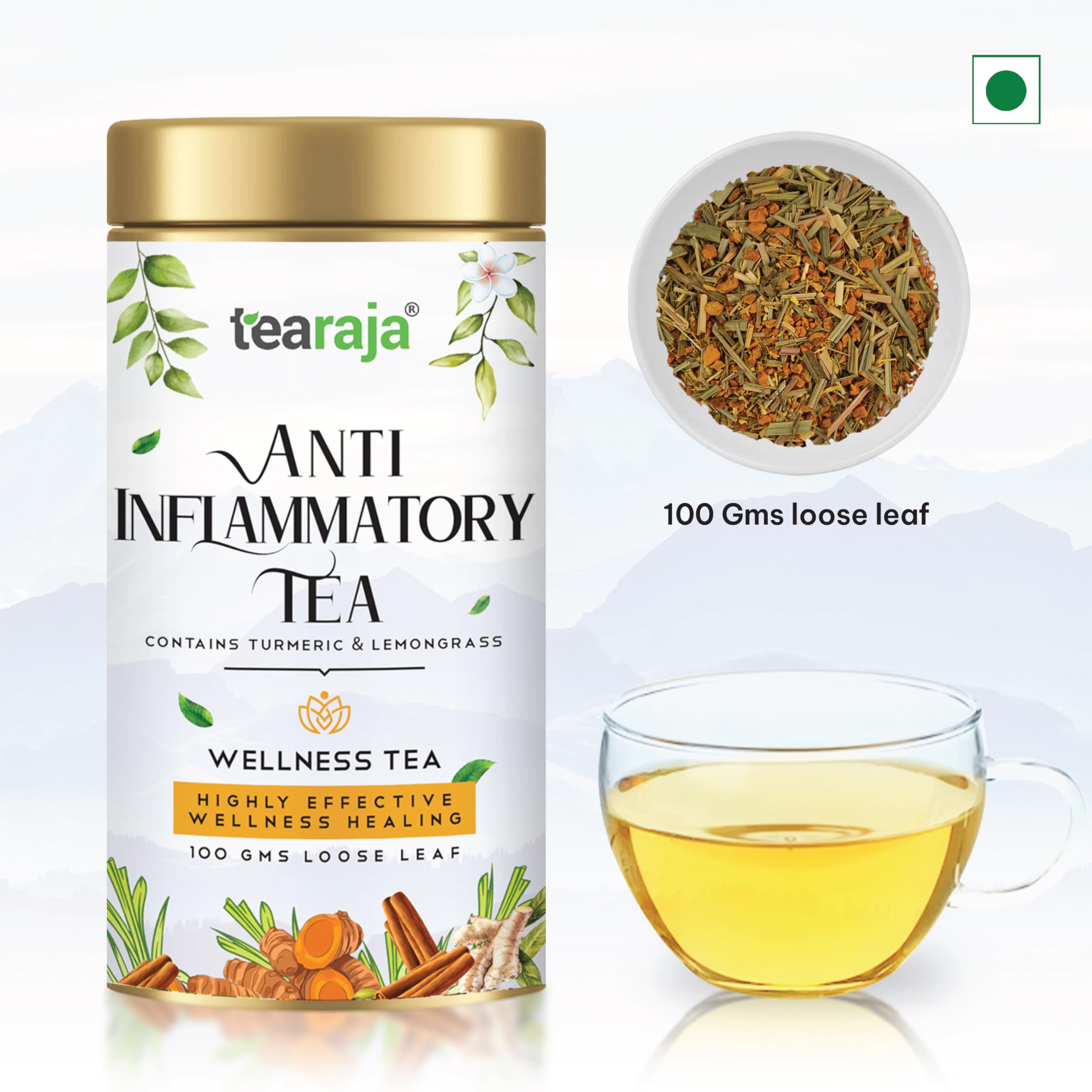 TeaRaja Anti Inflammatory Tea, 100 Gms|Herbal Tea|Reduce Inflammation|Reduce Aches & Pain|Ingredients: Turmeric, Licorice, Ginger, Lemongrass|Caffeine Free|Freshly Packed |