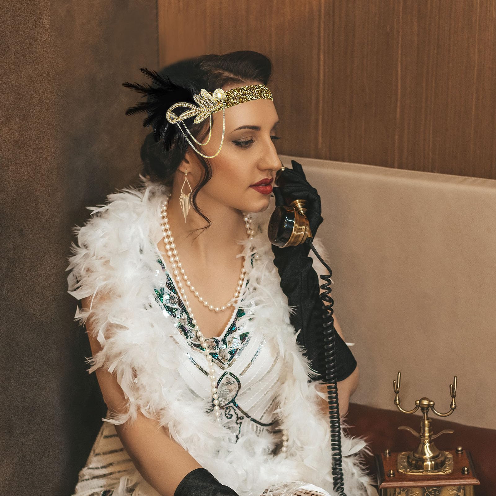 PLULON Zestaw akcesoriów Flapper Great Gatsby z lat 20. XX wieku, modny zestaw tematyczny z opaską na głowę, długie czarne rękawiczki, naszyjnik, kolczyki dla kobiet