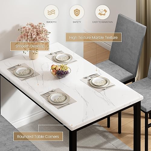 Miniatura 2 de Juego de mesa de comedor para 4, mesa de cocina de mármol sintético, juego de sillas de mesa de cocina con sillas de terciopelo, banco con red de