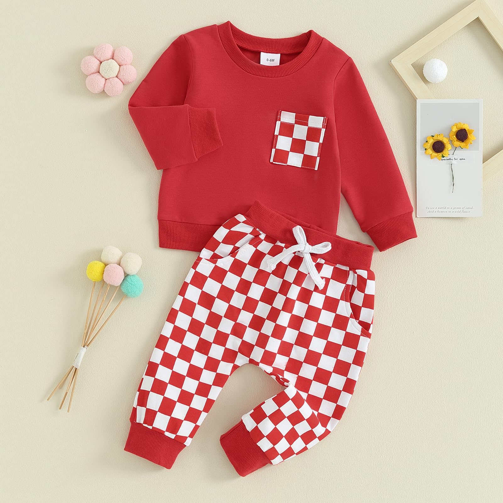 SHIBAOZI Baby Boy 2 Piece Outfits Plaid Long Sleeve Sweatshirt with Pocket and Elastic Pants for Toddler Fall Clothes (Red)