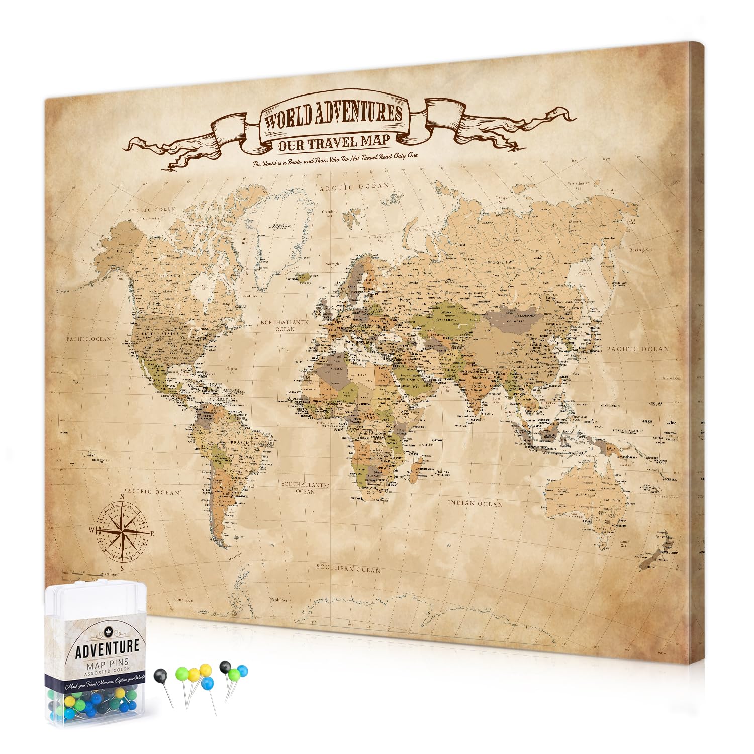 DECORARTS World Map Pin Board,Antique World Travel Map with Pins,20x16''