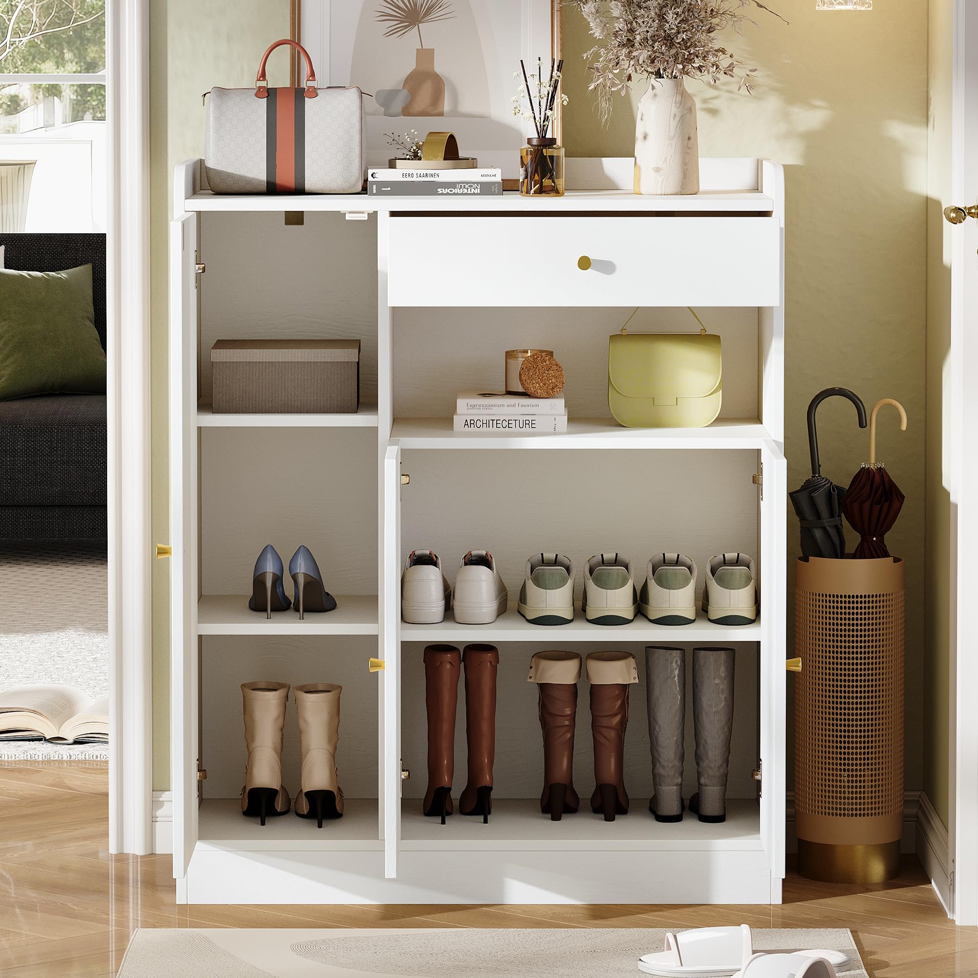 Zapatero (90 x 35 x 110 cm, con 3 puertas, cajón, aspecto de ratán), color blanco natural | Zapatero de color natural con 3 puertas, cajón, estantes ajustables, sistema antivuelco y efecto ratán.