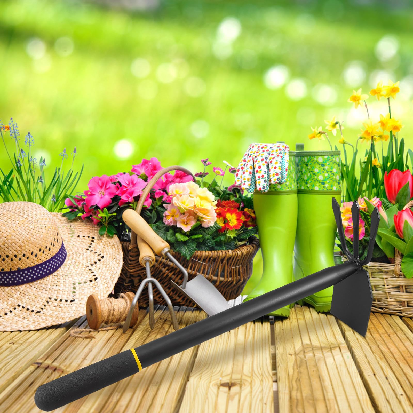Azada y Cultivador de Acero al Manganeso Negro para Jardinería | Herramienta Portátil, Reduce la Fatiga de Mano y Muñeca, Uso en Plantación y Deshierbe