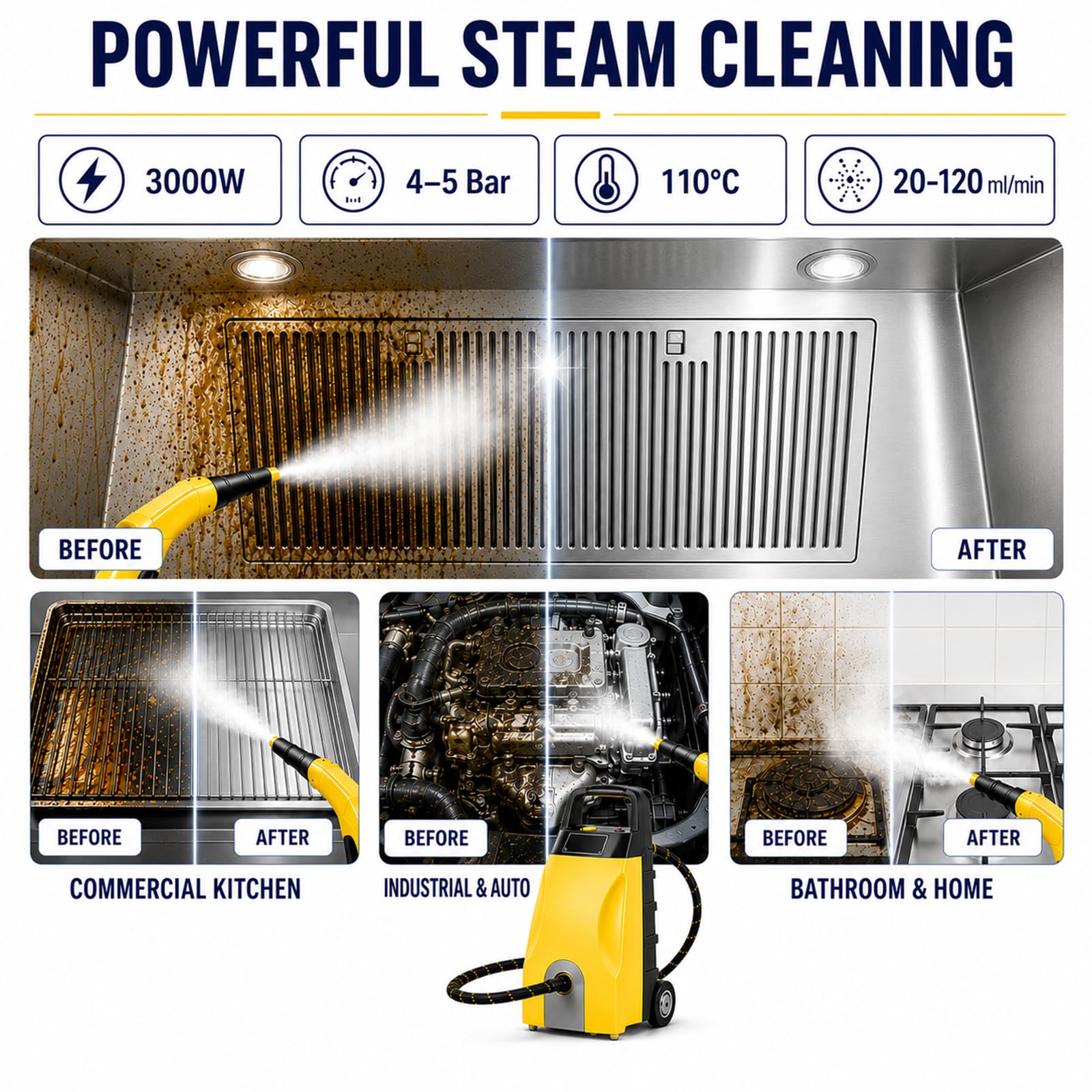Limpiador a Vapor Industrial 3000W Alta Presión, 3,5L Yellow | Gran Depósito y Salida Regulable para Motor, Restaurantes, Equipos, Suelos Duros, Azulejos, Talleres y Uso Profesional