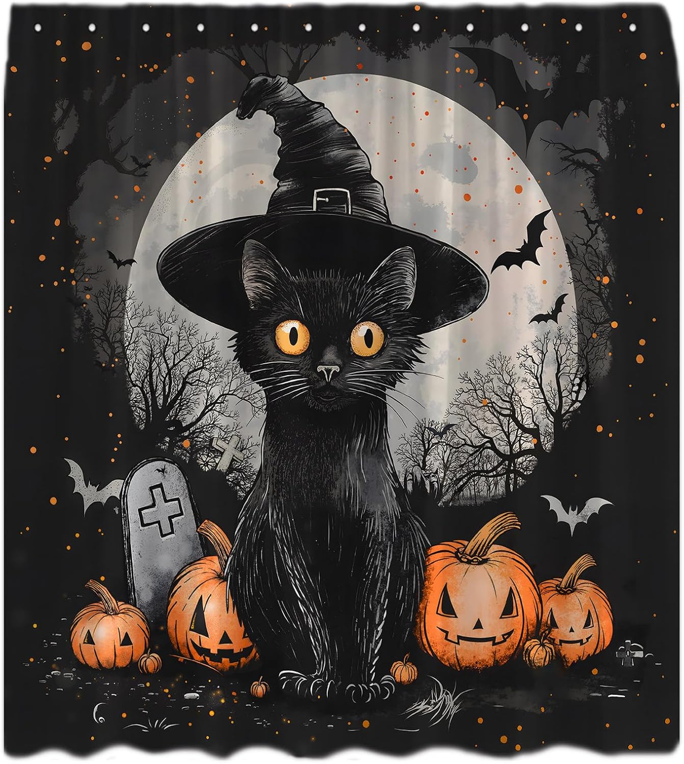 Halloween Shower Curtain Cat Bats Pumpkin in Creepy Full Moon Night Gothic Horror Scary Spooky Happy Holiday Decor Bathroom Curtain Set with Hook