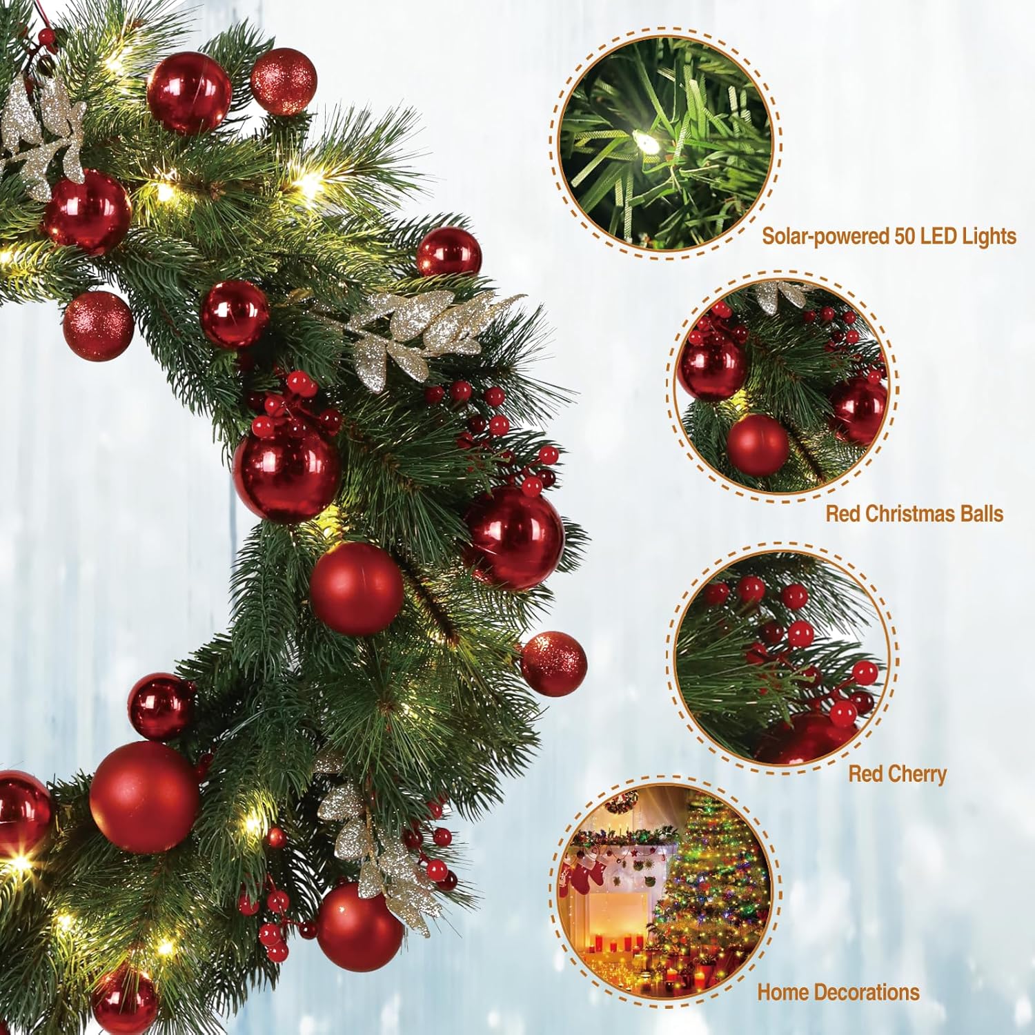 4-Pack Solar Christmas Wreath, 24 Inch Pre-Lit Christmas Door Wreath with Solar Powered LED Lights Green Pine Red Berry Glitter Branches Party Ornaments for Home Xmas Holiday Decor