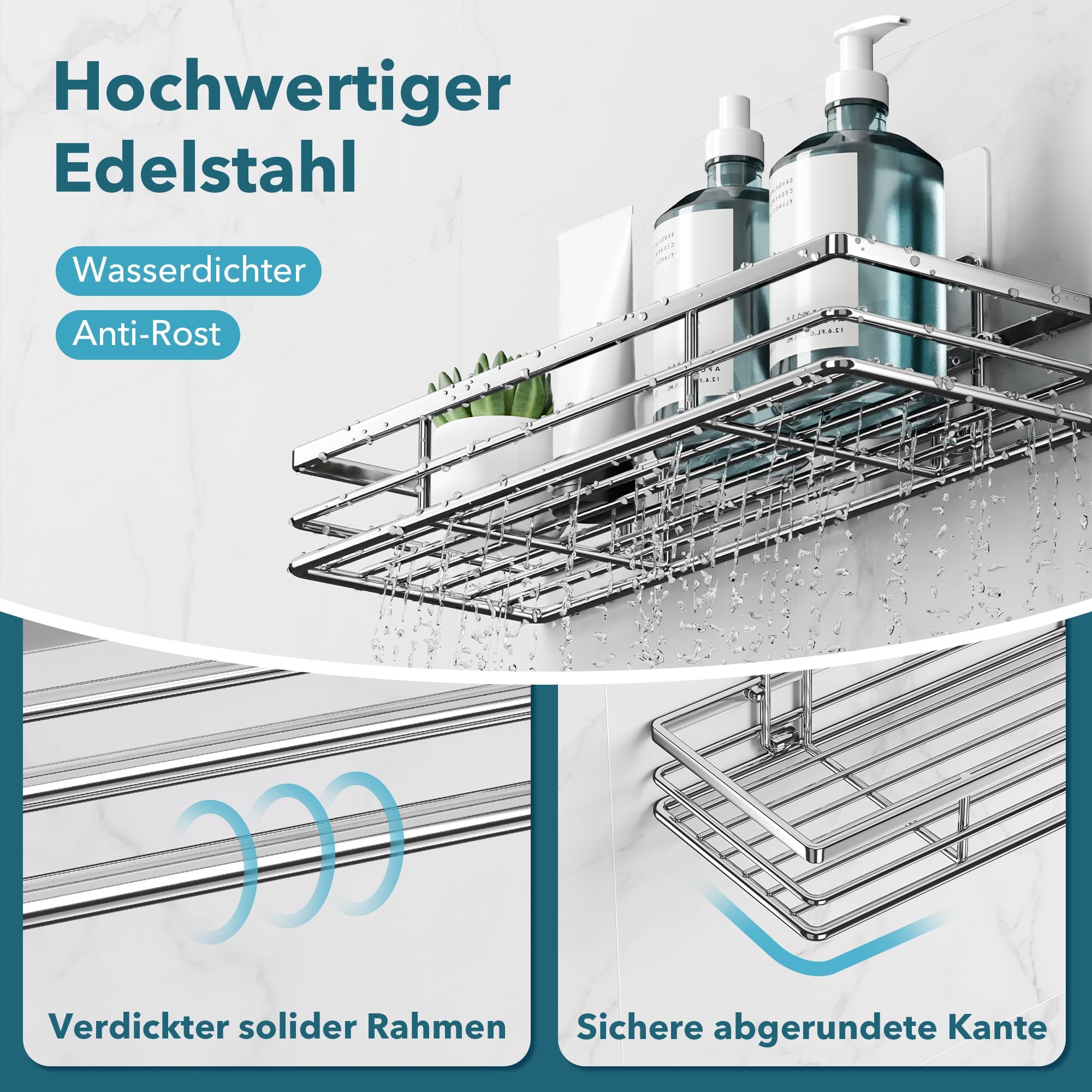 2 Unidades Estante De Ducha Sin Taladro Adhesivo Organizador De Baño | Plateado Juego de 2 estantes de acero inoxidable con 2 adhesivos, INSTALACIÓN SIN TALADRO