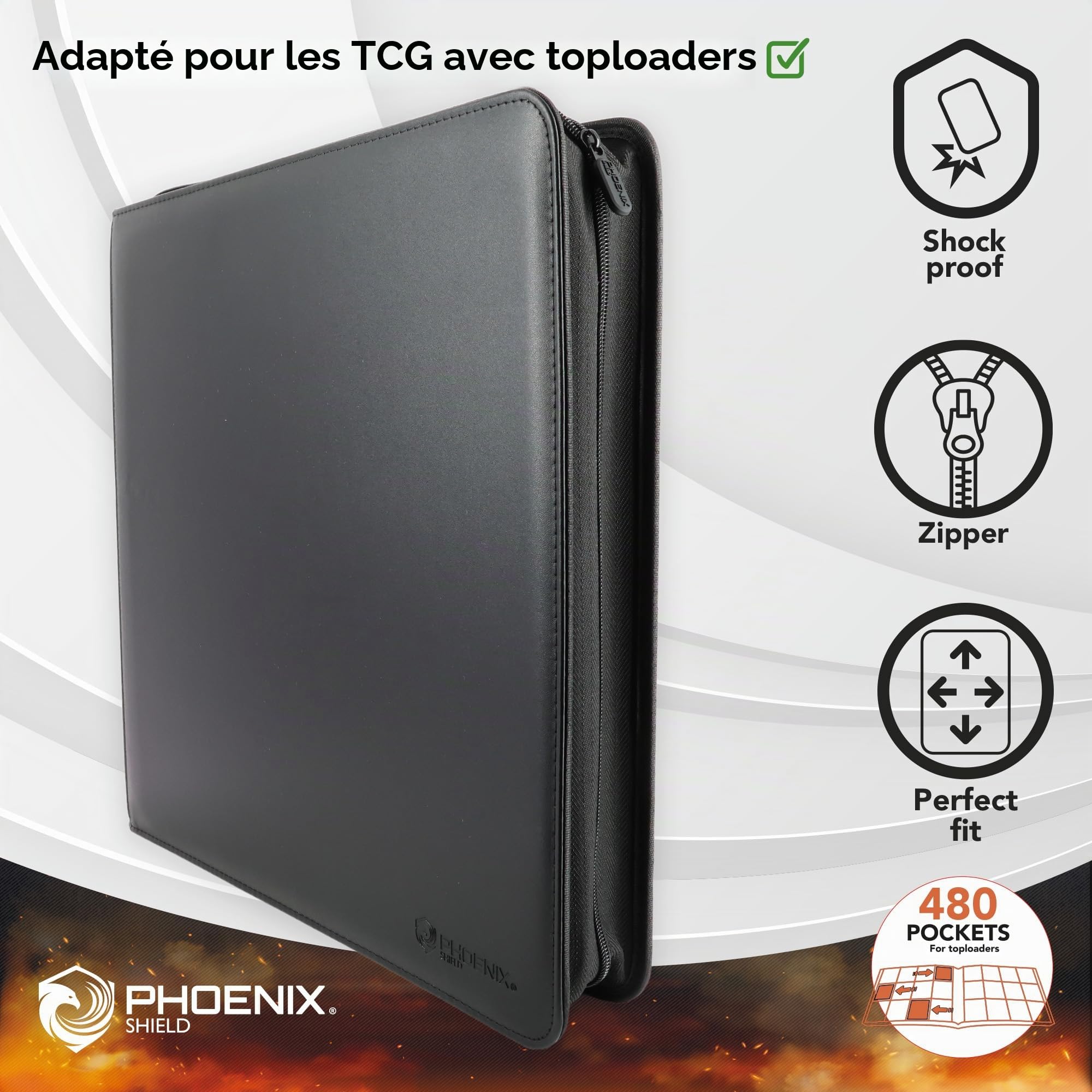 Phoenix Shield | Portfolio Premium à Fermeture Zip 9 Poches - Range 480 Cartes avec Toploader