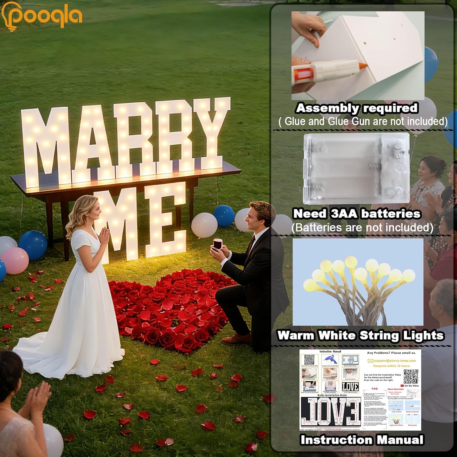 Pooqla Marry Me Light Up Letters for Proposal Decorations, 2.4FT Will You Marry Me Sign Marquee Letters for Engagement Wedding Valentine's Day