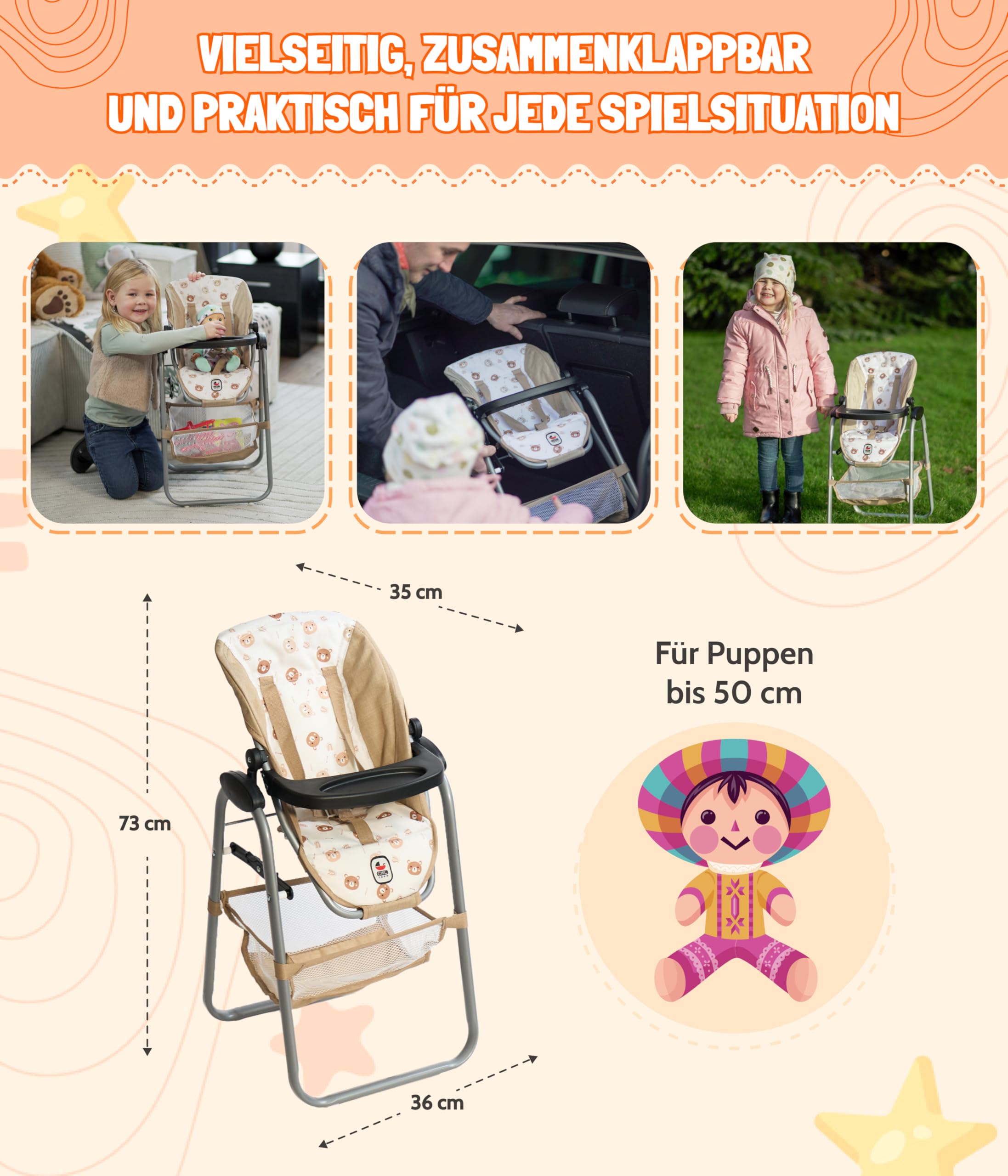 Bayer Chic 2000® Puppenhochstuhl – Bärchne Beige – Verstellbar & klappbar – Rückentrage & Gepäcknetz – Puppen bis 50 cm – Puppenzubehör 3-8 J.