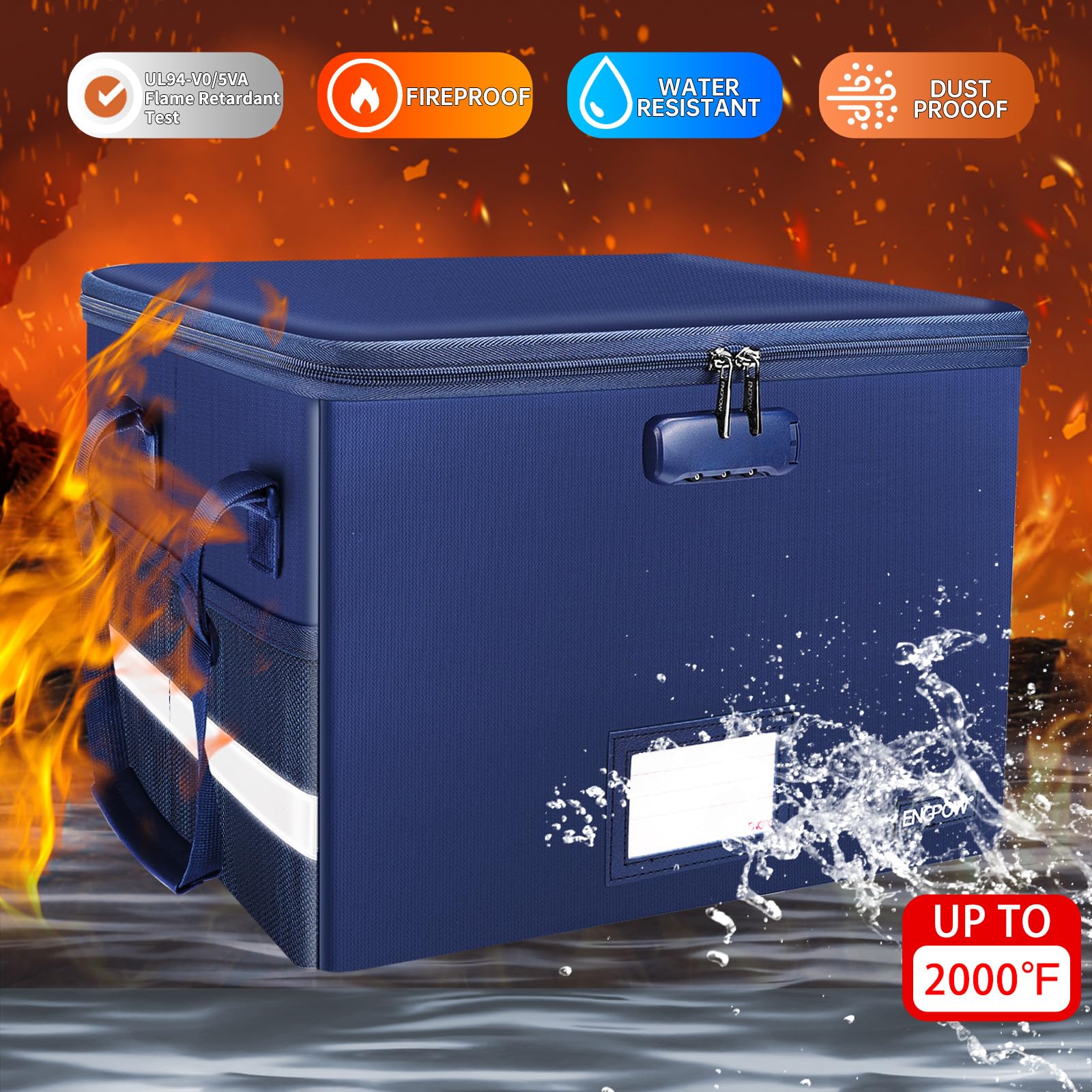 ENGPOW Scatola portadocumenti con serratura, a prova di fuoco, con cerniera e tasche, organizer pieghevole con manico, portatile, per casa e ufficio, sicura per appendere lettere/cartelle legali, blu