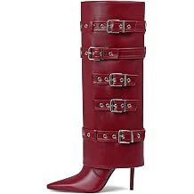 Knee High Boots Women Fold Over Tall Boots Leather Long Buckle Slouchy Shark Boot Pointed Toe Stiletto Heel with Zipper