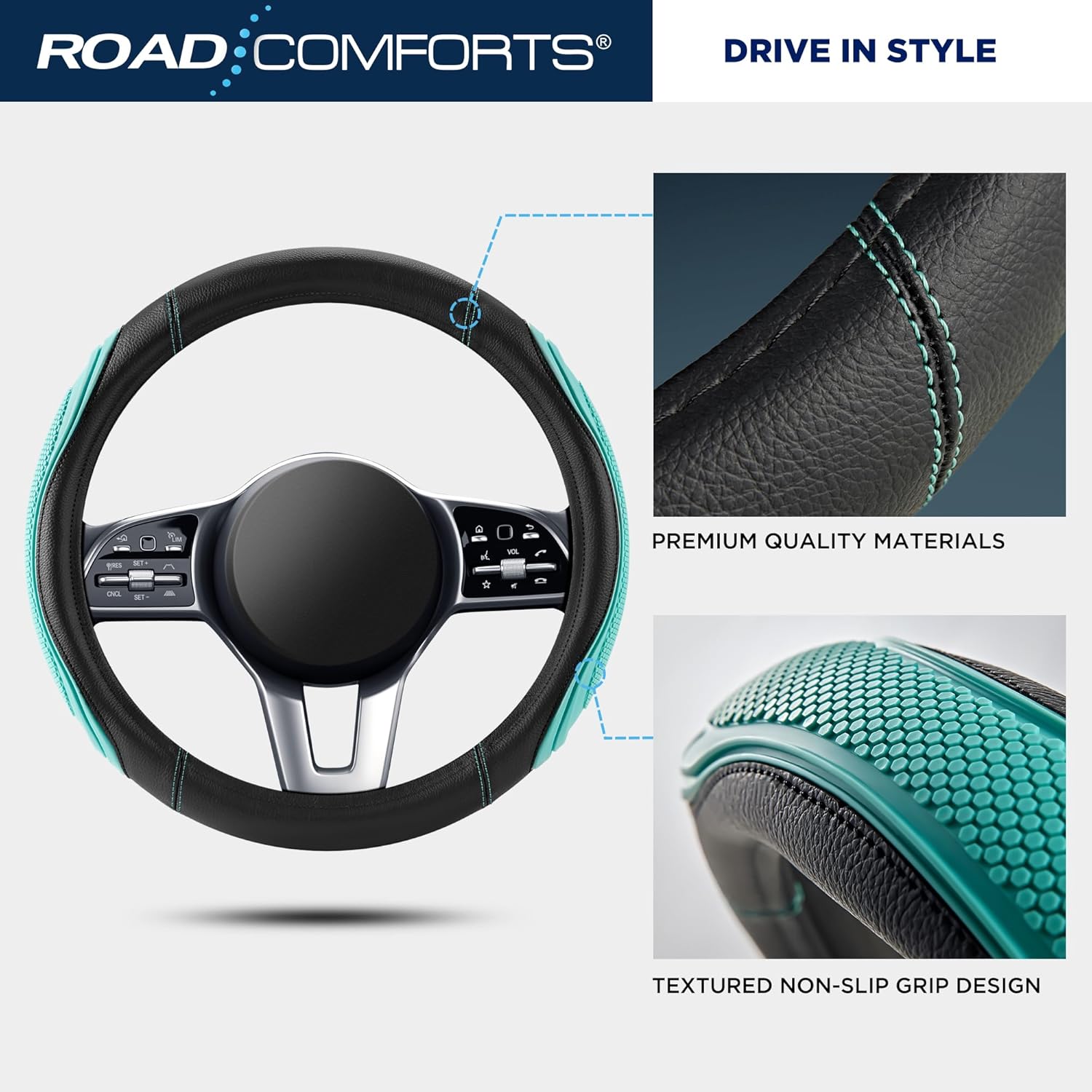 Road Comforts Car Steering Wheel Cover - Microfiber Leather Steering Wheel Wrap Sports 14.5-15 Inch Steering Wheel Cover Non-Slip for Men Women Mint Color - Image 5