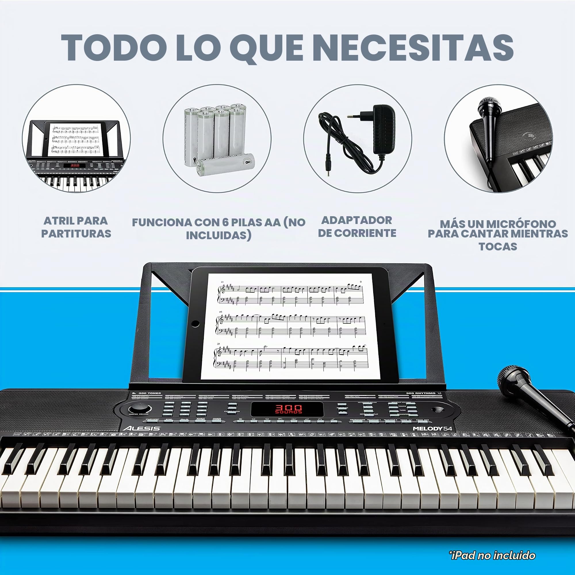 Alesis Melody 54 - Piano eléctrico portátil con teclado de 54 teclas, altavoces integrados, micrófono y atril, 300 sonidos y 300 ritmos, 40 canciones demo, características educativas